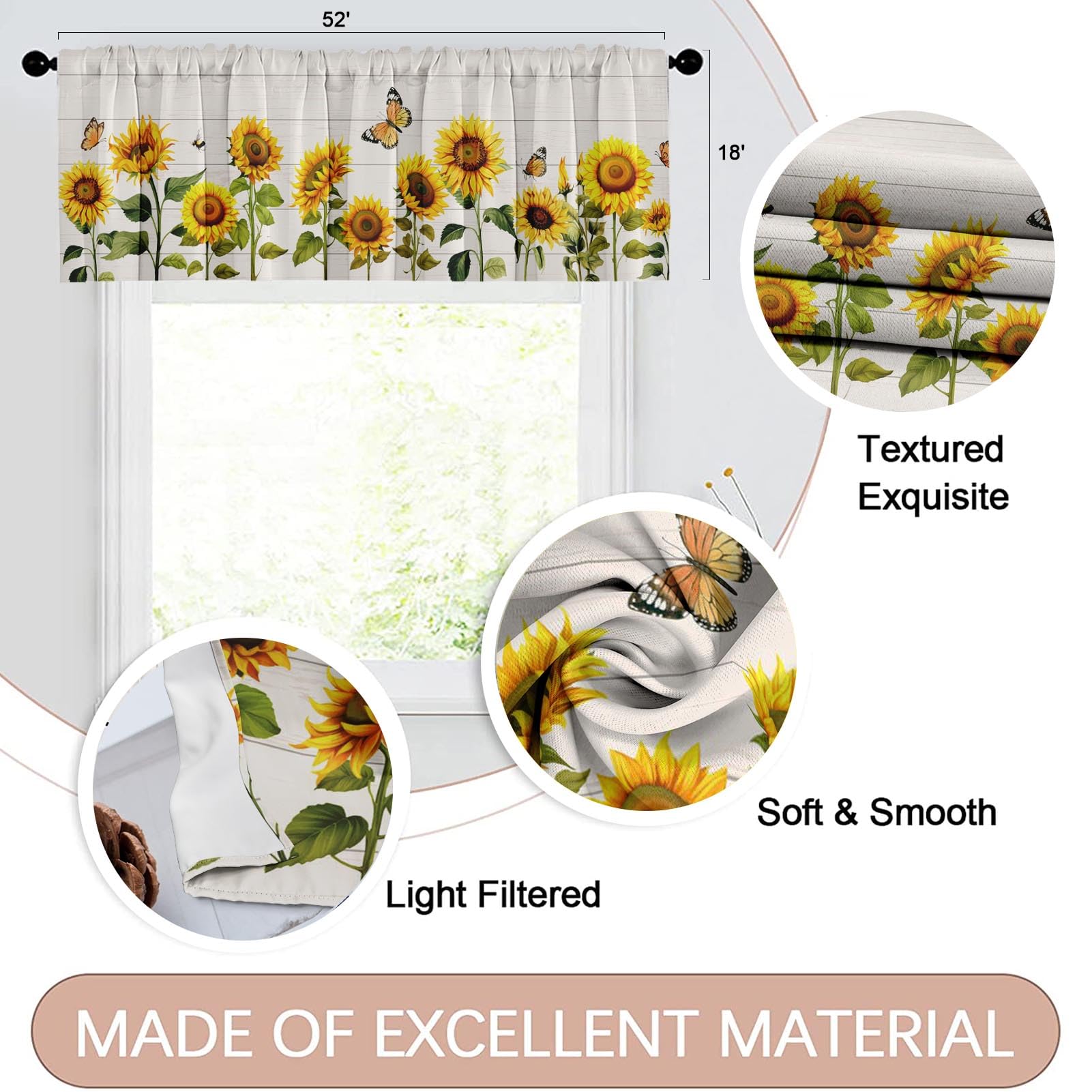 Emvency 2 Pack Valances Window Treatments Farmhouse Sunflower Spring Summer Butterfly Blackout Drapes Adjustable Curtain Valance
