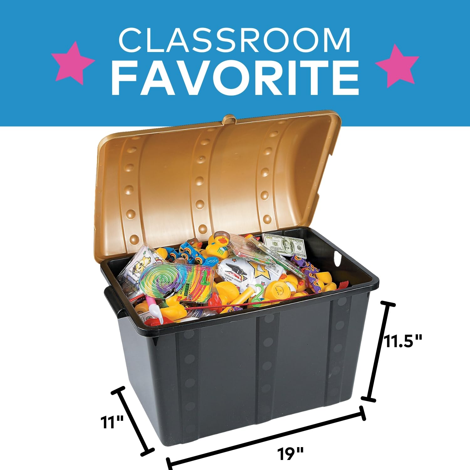 Fun Express Large Plastic Toy Treasure Chest - Doctor'S And Dentist Office Toy Incentives, Teacher'S And Classroom Treasure Box Toy Storage - 1 Box, Black And Gold, 19' X 11 1/2' X 11'