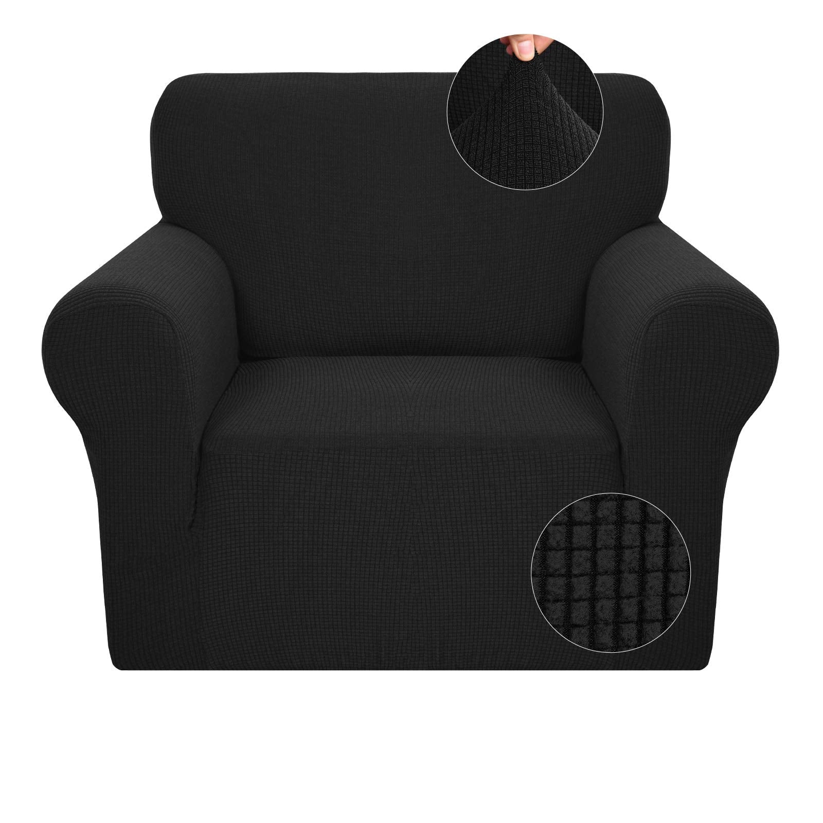 Jiviner Super Stretch Chair Slipcovers With Arms 1-Piece Jacquard Small Checks Living Room Armchair Covers Soft Anti Slip Sofa Couch Furniture Protector For Kids Pets (Chair, Black)
