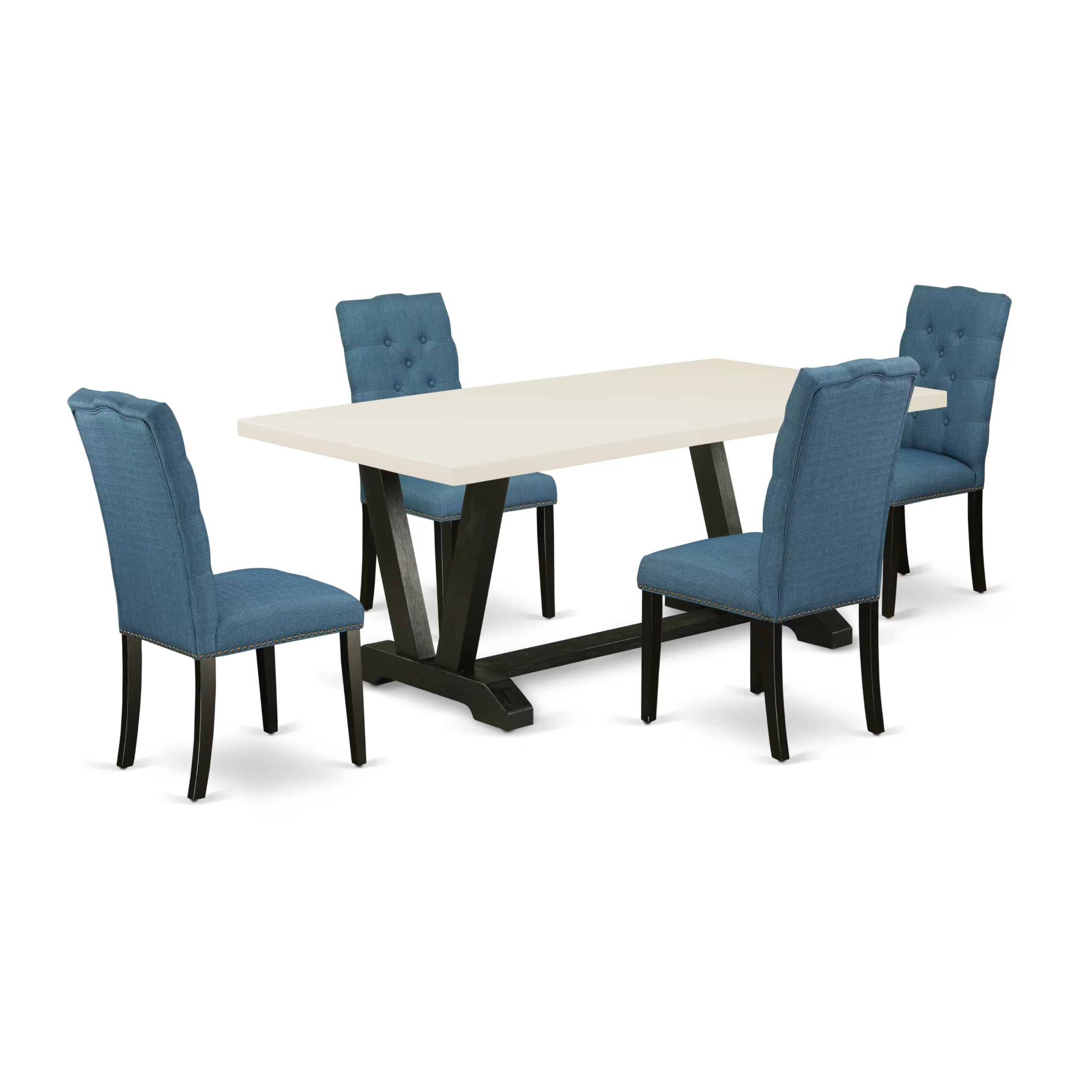East West Furniture V627El121-5 5 Piece Kitchen Table Set For 4 Includes A Rectangle Dining Room Table With V-Legs And 4 Blue Linen Fabric Upholstered Chairs, 40X72 Inch, Multi-Color
