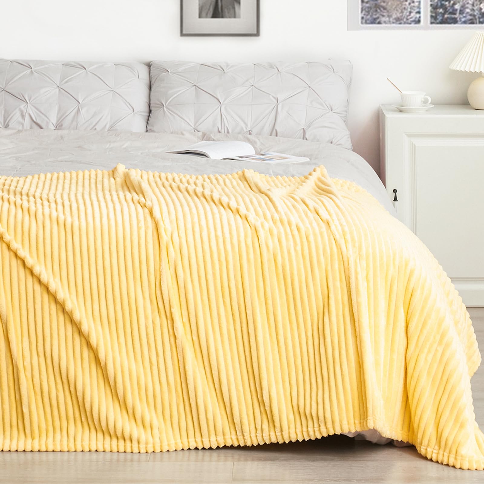 Vessia Flannel Fleece Throw Blanket, 300Gsm Cozy Light Yellow Striped Throw Blanket For Couch, Sofa And Bed, Warm And Soft Cozy