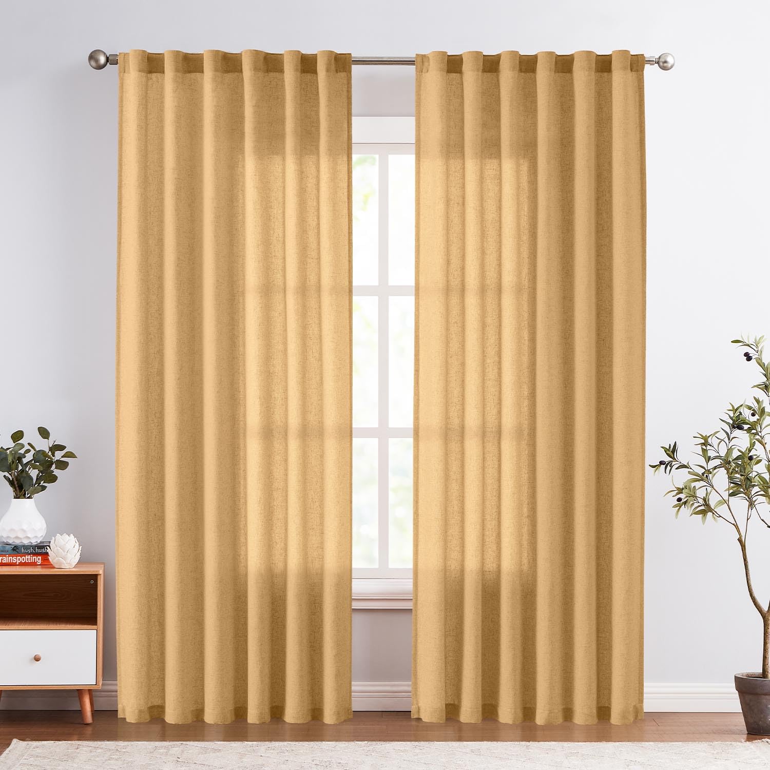 Jinchan Linen Blend Curtains 84 Inches Long For Living Room Yellow Farmhouse Rod Pocket Back Tab Yellow Light Filtering Window Drapes For Bedroom Mustard 2 Panels