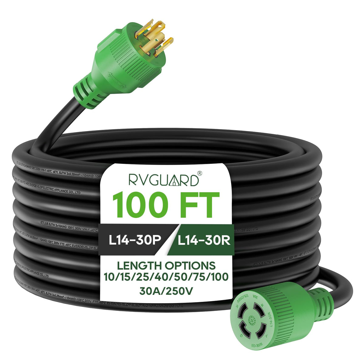 Rvguard 4 Prong 30 Amp 100 Foot Generator Extension Cord, Nema L14-30P/L14-30R, 125/250V Up To 7500W 10 Gauge Sjtw Generator Cor