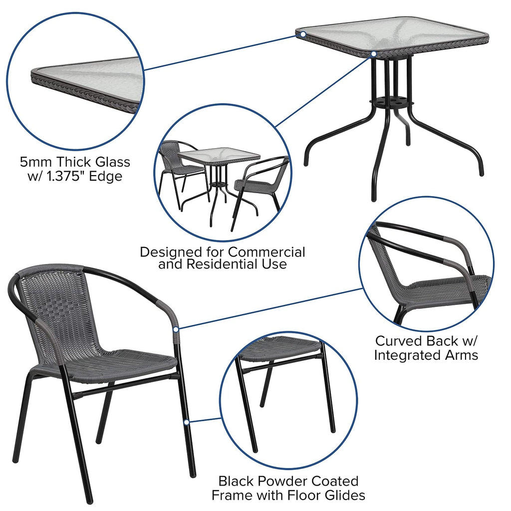 Flash Furniture Lila 28'' Square Glass Metal Table with Gray Rattan Edging and 2 Gray Rattan Stack Chairs