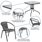 Flash Furniture Lila 28'' Square Glass Metal Table with Gray Rattan Edging and 2 Gray Rattan Stack Chairs