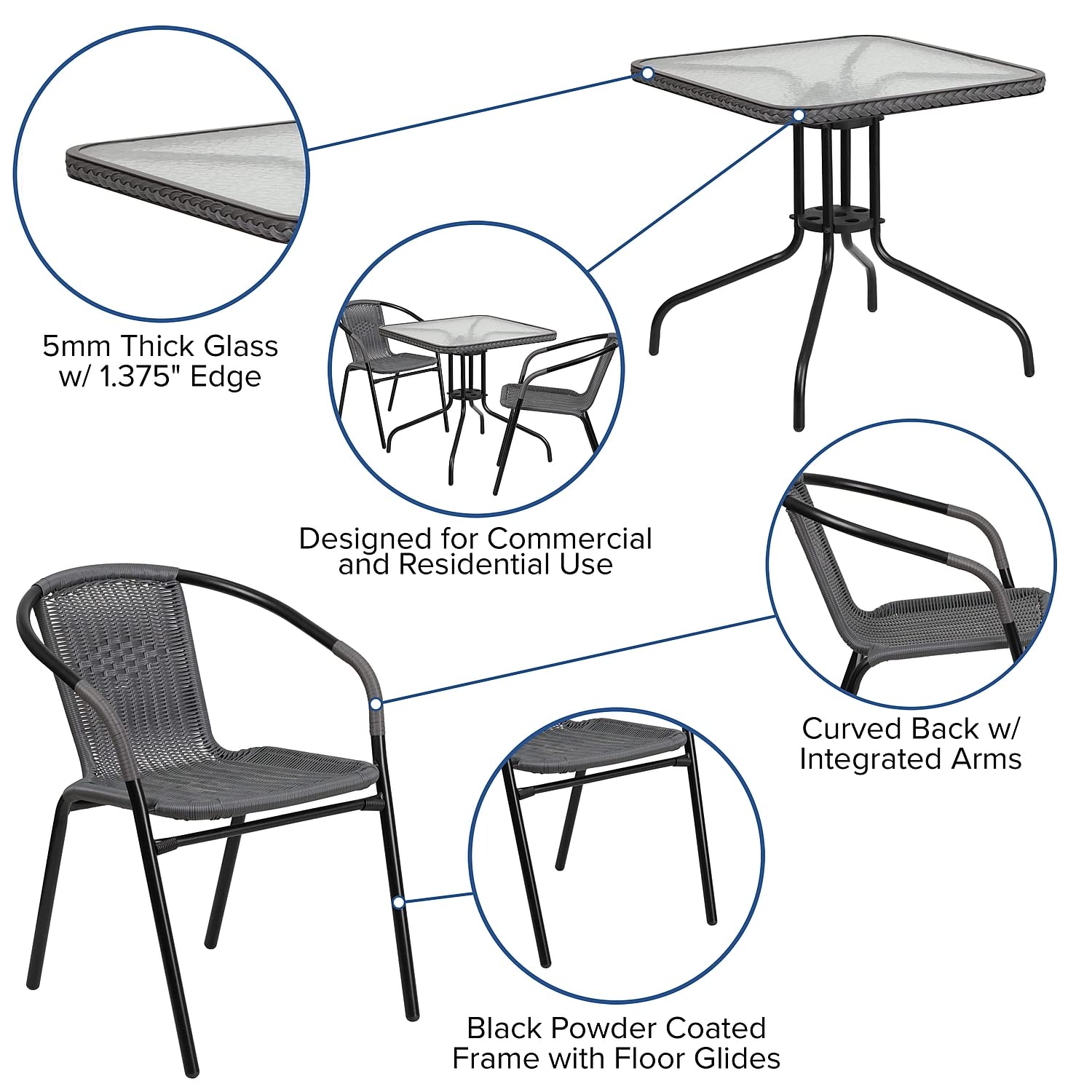Flash Furniture Lila 28'' Square Glass Metal Table with Gray Rattan Edging and 2 Gray Rattan Stack Chairs