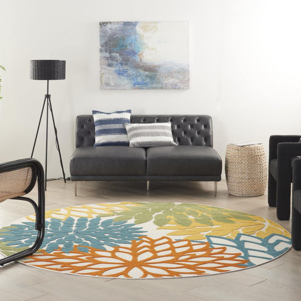 Nourison Aloha Indoor/Outdoor Floral Turquoise Multicolor 7'10' X Round Area Rug, (8' Round)