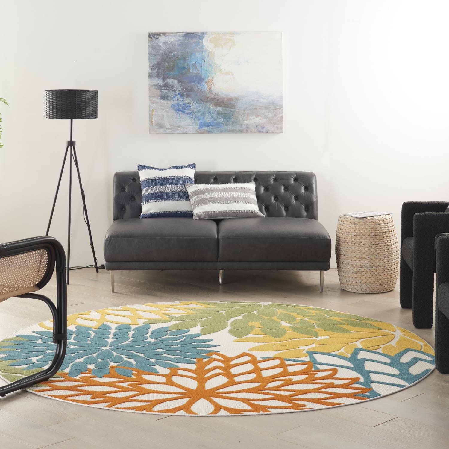 Nourison Aloha Indoor/Outdoor Floral Turquoise Multicolor 7'10' X Round Area Rug, (8' Round)