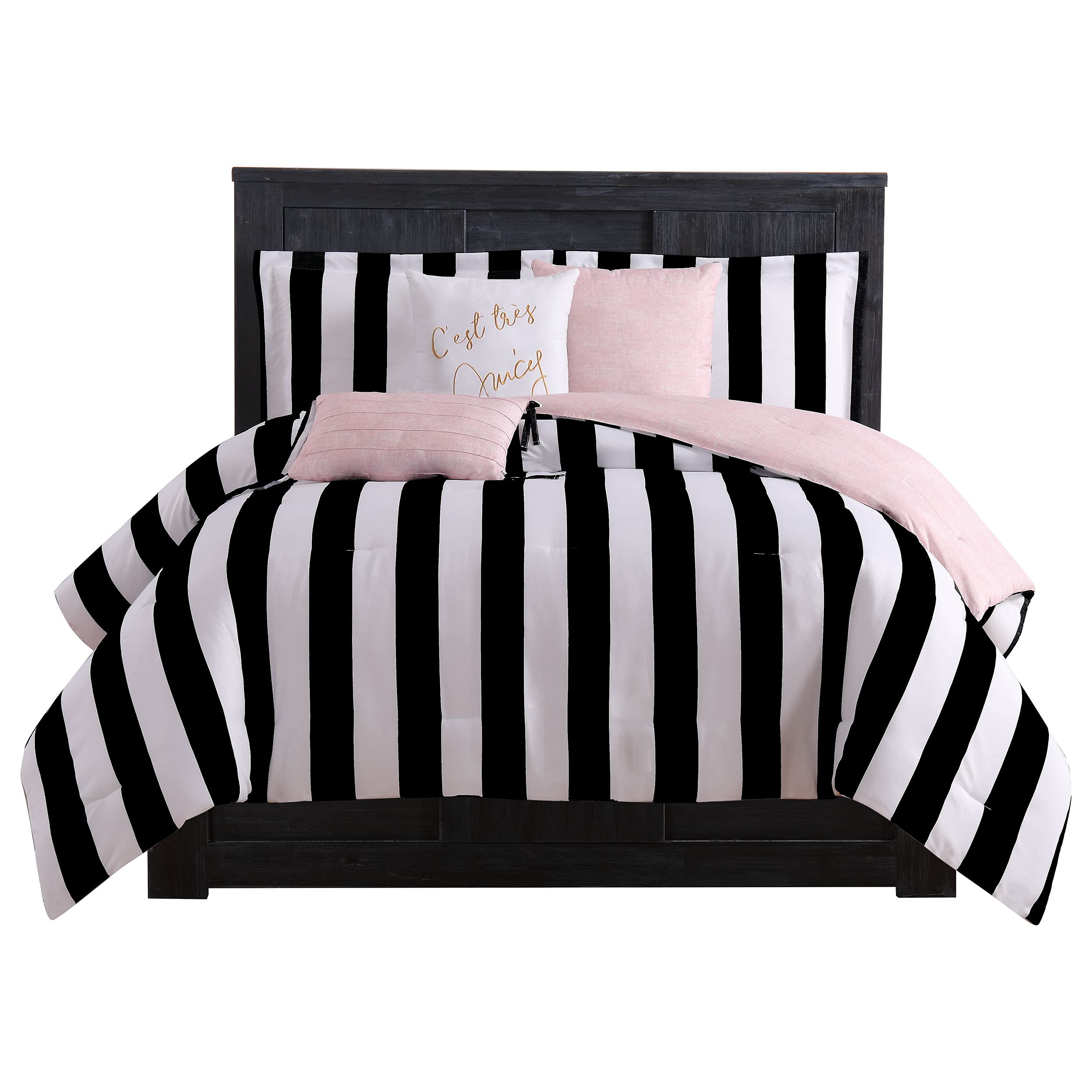 Juicy Couture Cabana Stripe Reversible Bedding Set - Queen Size - Black And White Stripe Print - 6 Piece Set - Includes 1 90' X