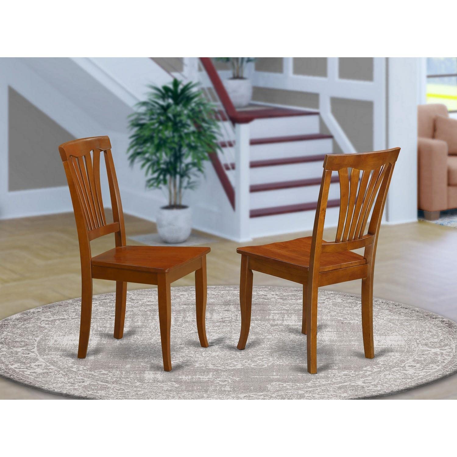 East West Furniture Avon Dining Room Slat Back Wooden Seat Chairs, Set of 2, Saddle Brown