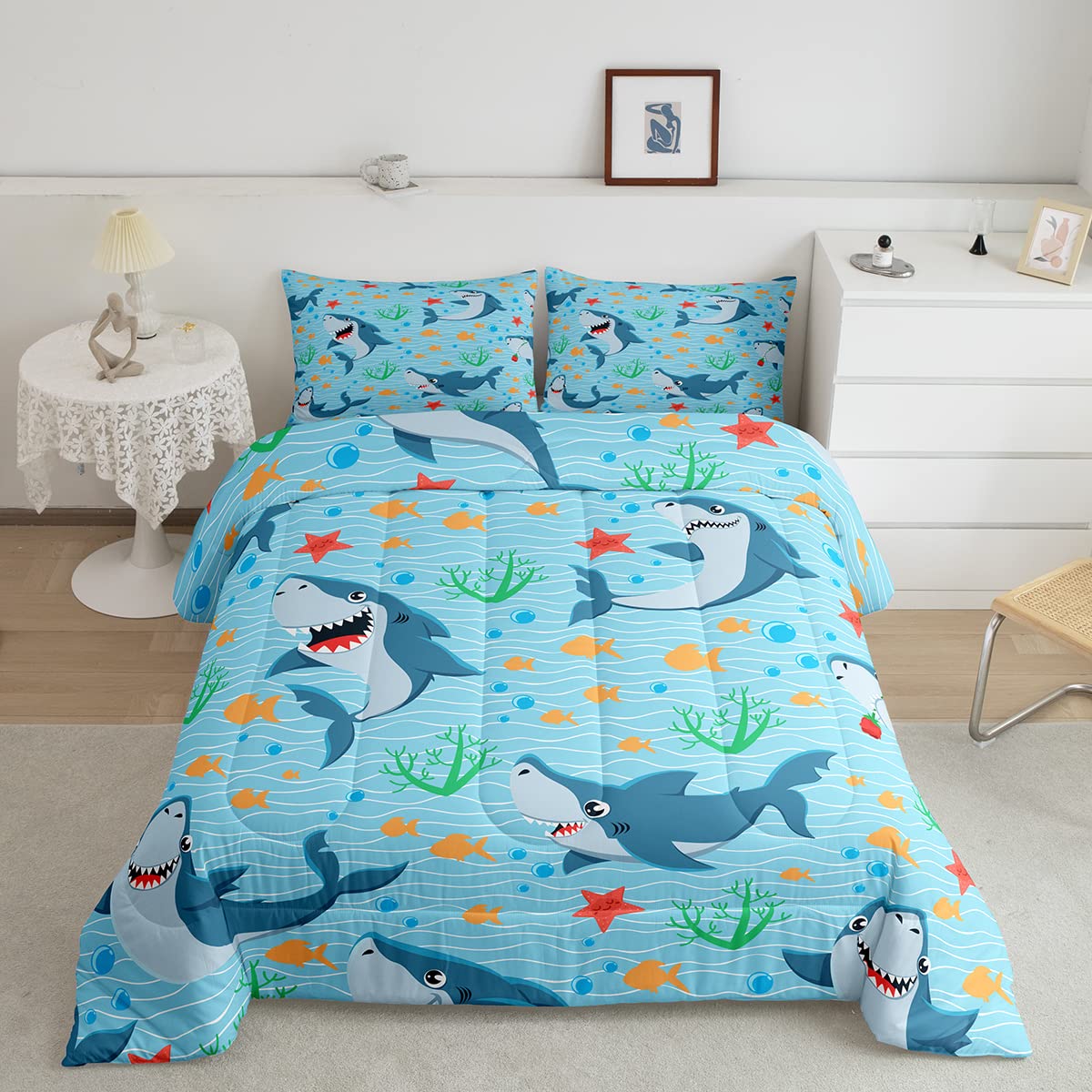 Cute Shark Comforter Set Twin Size,Fish Coral Bedding Set 2Pcs For Kids Teens Boys Girls Room Decor,Mysterious Under Sea Animals