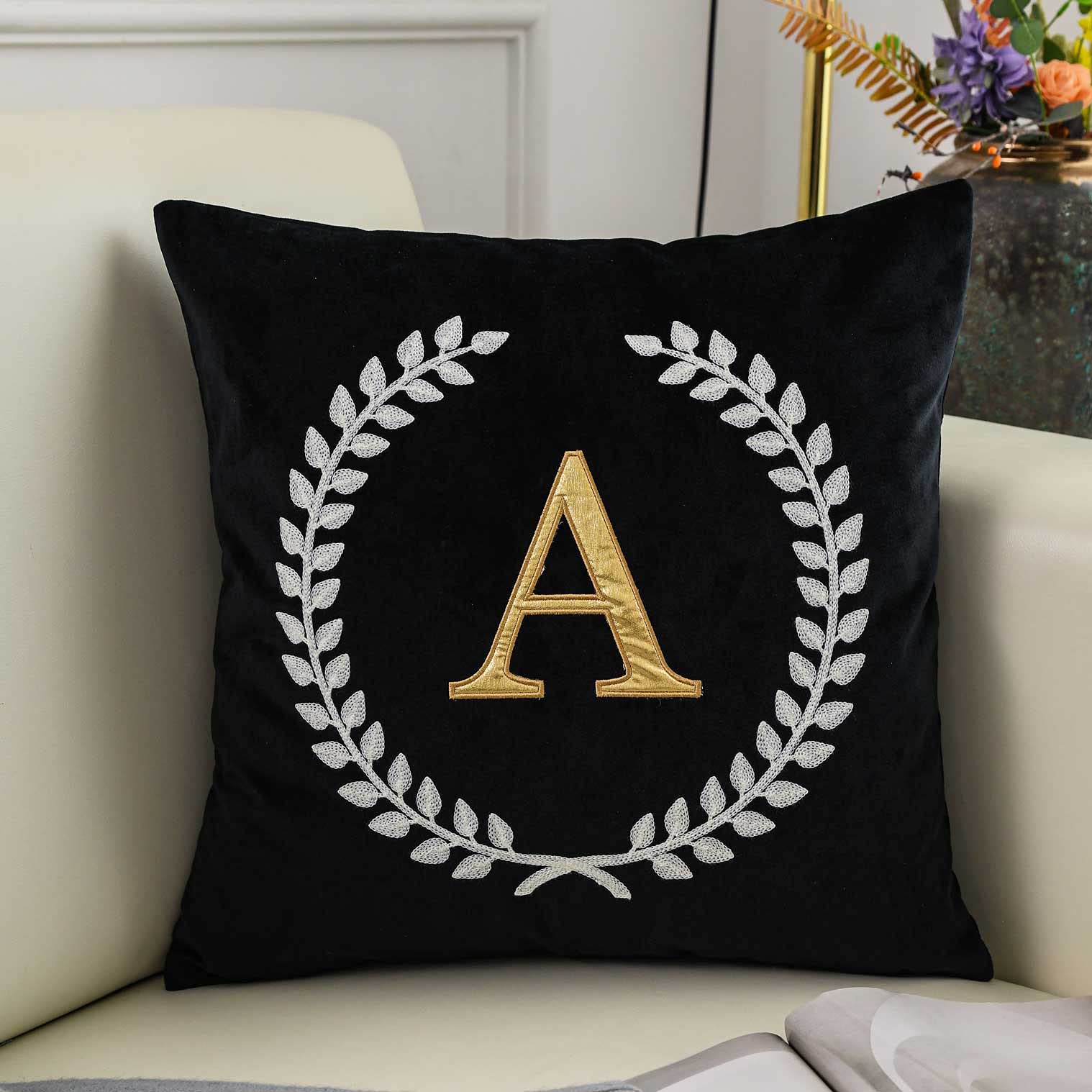 Decopow Black Velvet Throw Pillow Cover, Personalized Letter Embroidery Square 18 Inches Decorative Pillow Cover,Cover Only (A)