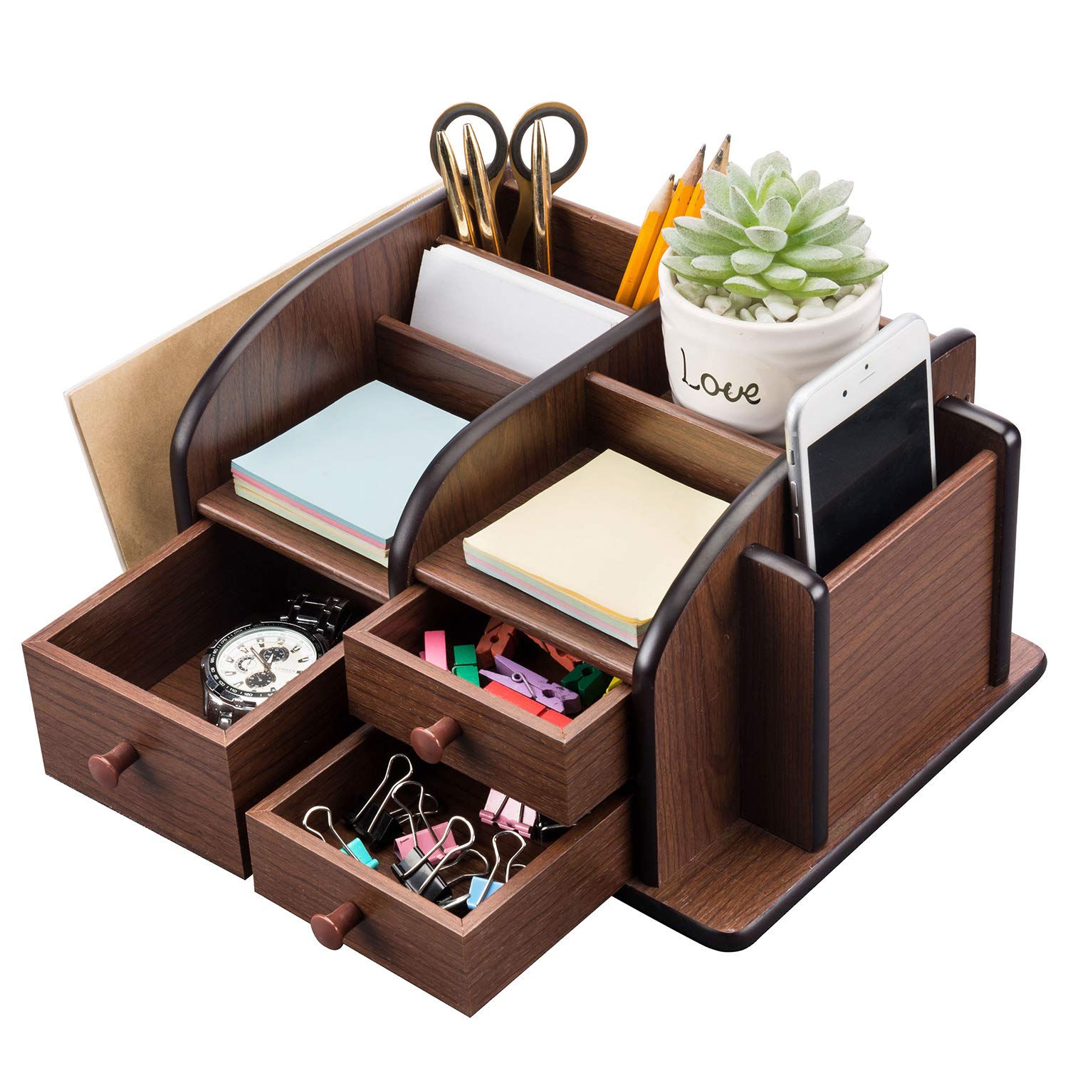 Mygift Brown Wood Desktop Office Supplies Organizer With Pen Pencil Cup Holder, Mail Holder Organizer, Sticky Note Memo Holder,