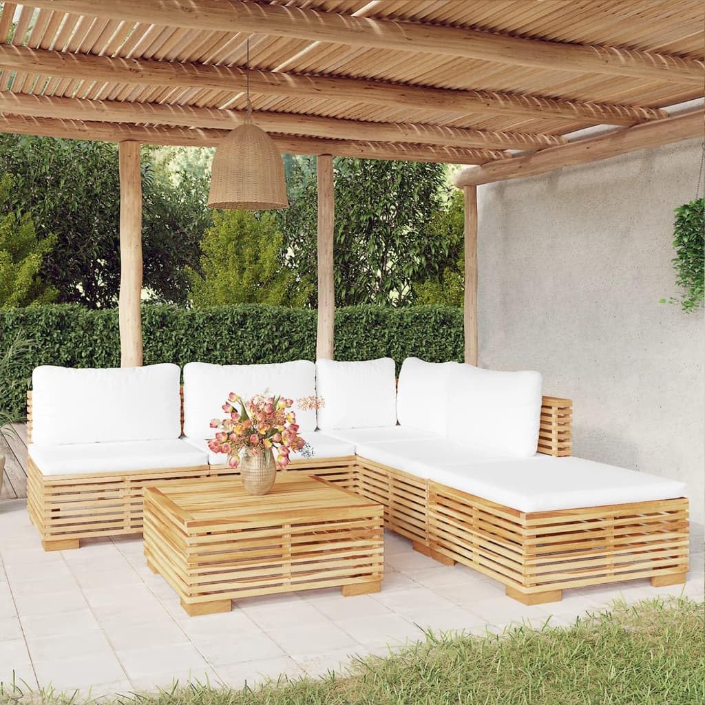 vidaXL 6 Piece Outdoor Lounge Set with Cushions - Solid Teak Wood Patio Ensemble with 1 Corner Sofa, 3 Middle Sofas, 1 Footrest, 1 Table - Easy-to-Assemble Garden and Terrace Furniture