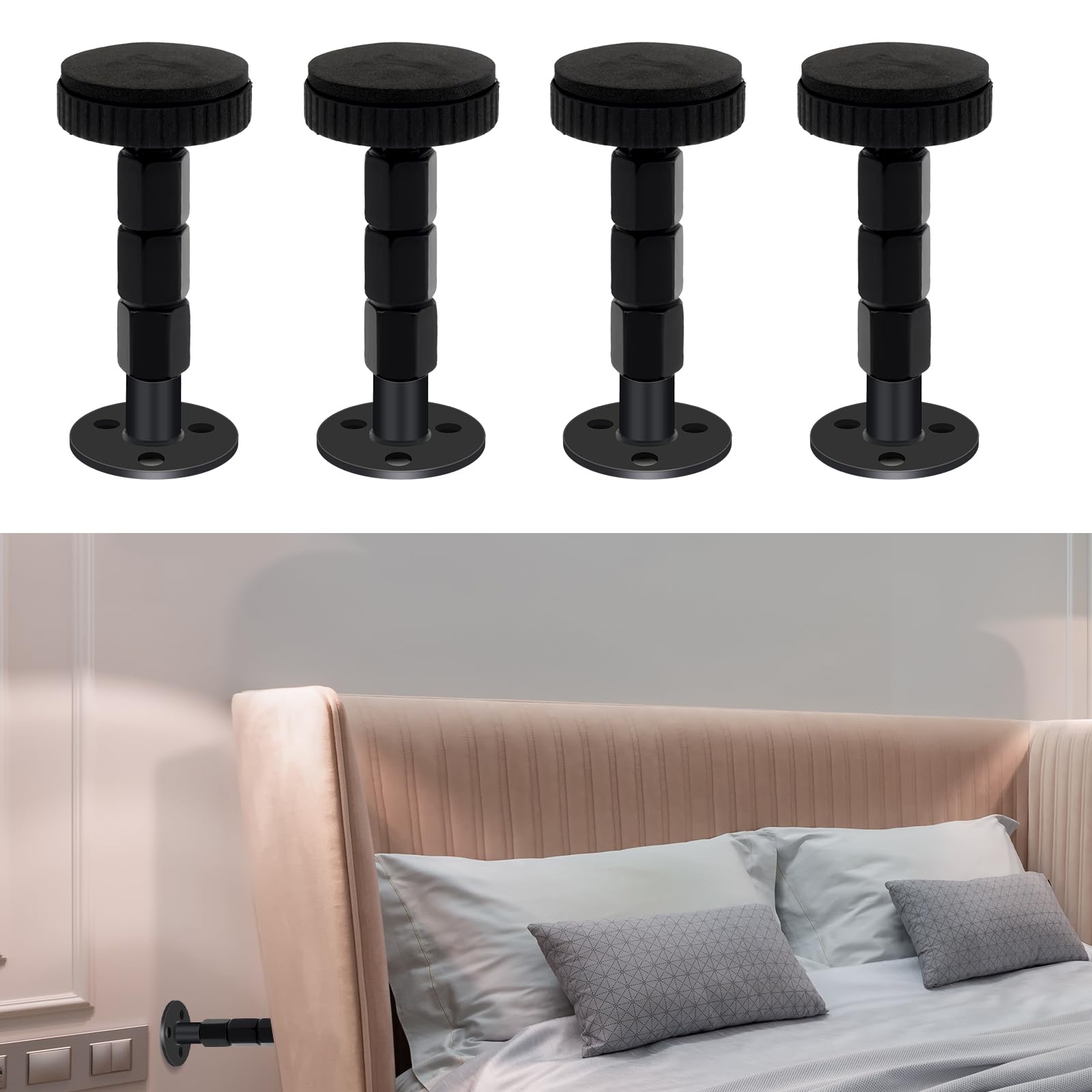 IPEROT Headboard Stoppers for Wall, 4 Pack Bed Stoppers,1.18in-3.35in Adjustable Bed Frame Anti-Shake Tool, Function as Bumpers 