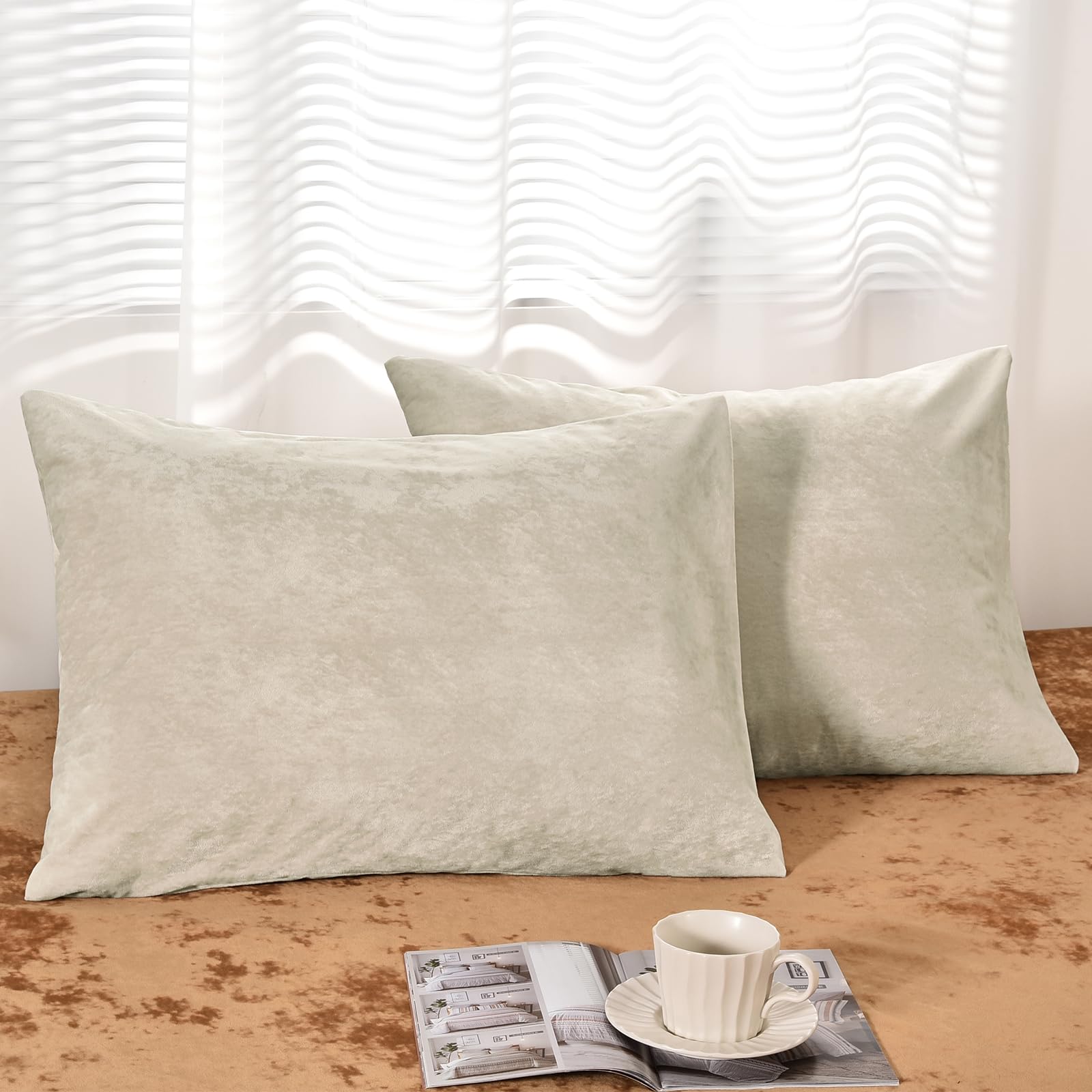 Phf Truly Velvet Pillowcases King Size, No Insert, 2 Pack Ultra Soft Breathable Pillow Shams Covers With Envelope Closure, 20' X 36' Luxury Cozy Warm Fuzzy Flannel Pillow Cases, Sand