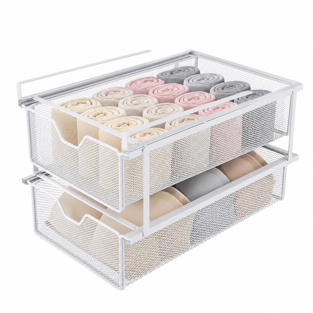 OriArc Double Layer White Closet PullOut Basket, Under Shelf Hanging Wire Mesh Drawer, SpaceSaving Wardrobe Organizer for Sock