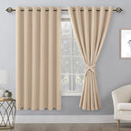 Hiasan Grommet Blackout Curtains For Bedroom, 70 X 63 Inches - Thermal Insulated & Light Blocking Window Drapes For Living Room/Dorm Room, Set Of 2 Panels Sewn With Tiebacks, Beige
