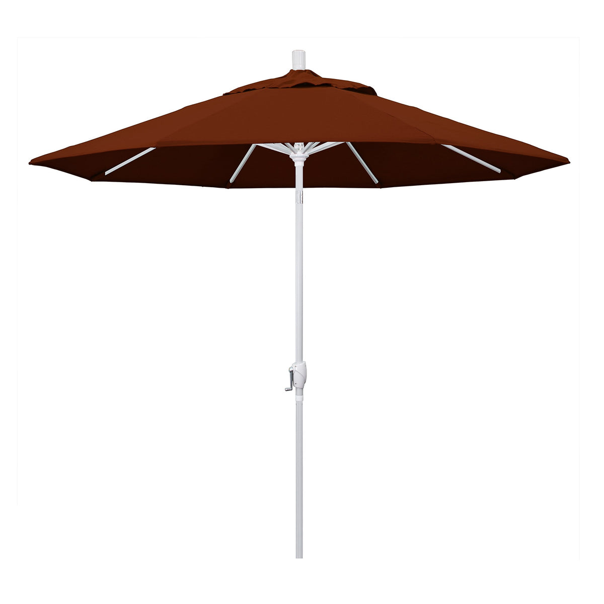 California Umbrella 9' Round Aluminum Market Umbrella, Crank Lift, Push Button Tilt, White Pole, Pacifica Brick