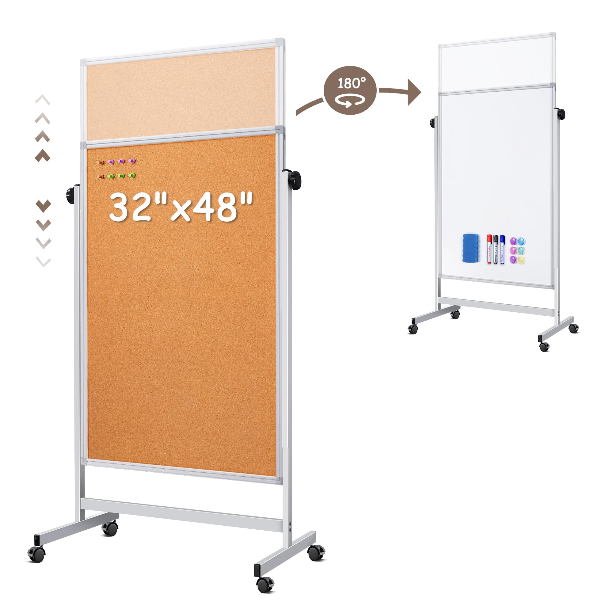 Double Sided Cork Board White Board, 32 X 48 Inches Large Cork Board For Office, Height Adjustable Magnetic Dry Erase Board On W