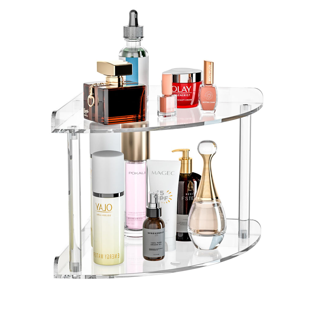 Sezanrpt 2 Tier Acrylic Corner Shelf Organizer Storage 9.5X9.5X8 Inch, Transparent Countertop Corner Shelf For Bathroom, Kitchen, Bedroom, Office, Study Room