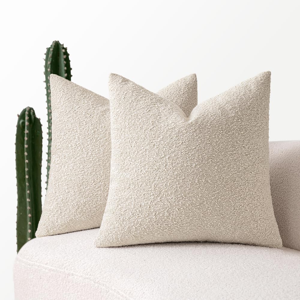 Miulee 22X22 Inch Decorative Pillow Covers For Couch Bed Set Of 2 Textured Boucle Neutral Throw Pillows Natural Beige Accent Solid Euro Cushion Pillowcase Cozy Soft Chair Sofa Livingroom Home Decor