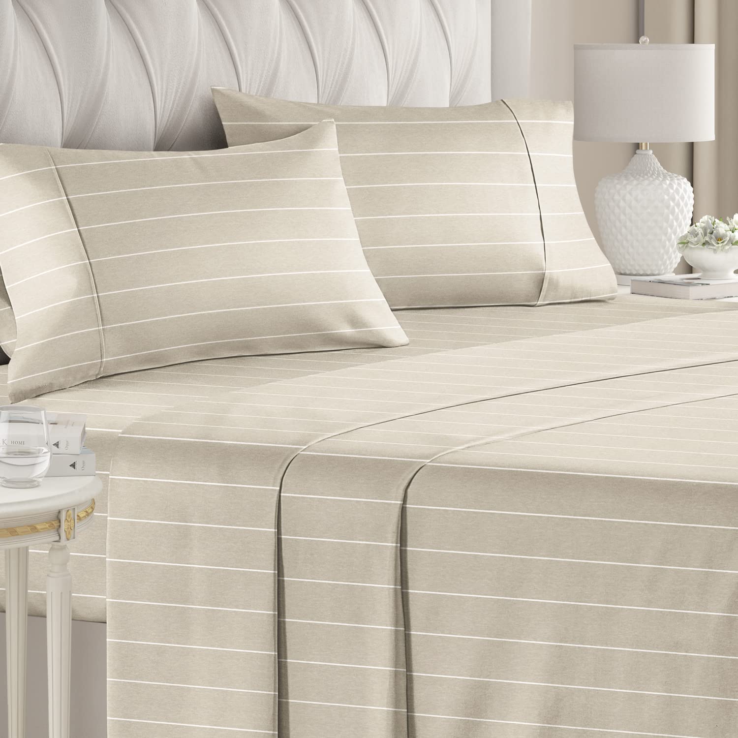 CGK Unlimited King Size 4 Piece Beige Stripes Bed Sheet Set - Breathable, Cooling, Soft & Wrinkle-Free, Deep Pockets, Hotel Luxury