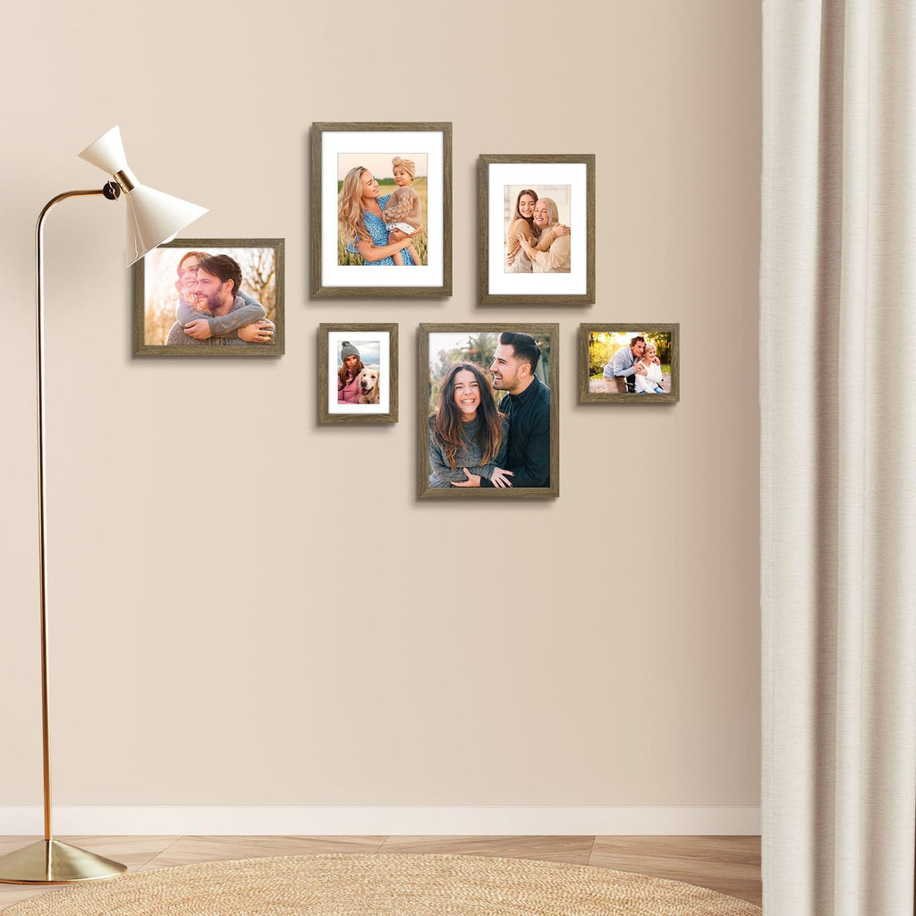 Auear, 9X12 Picture Frames Set Of 6, With Mat For 6X8 Or 9X12 Without Mat, Composite Wood Gallery Photo Frames With Plexiglass,