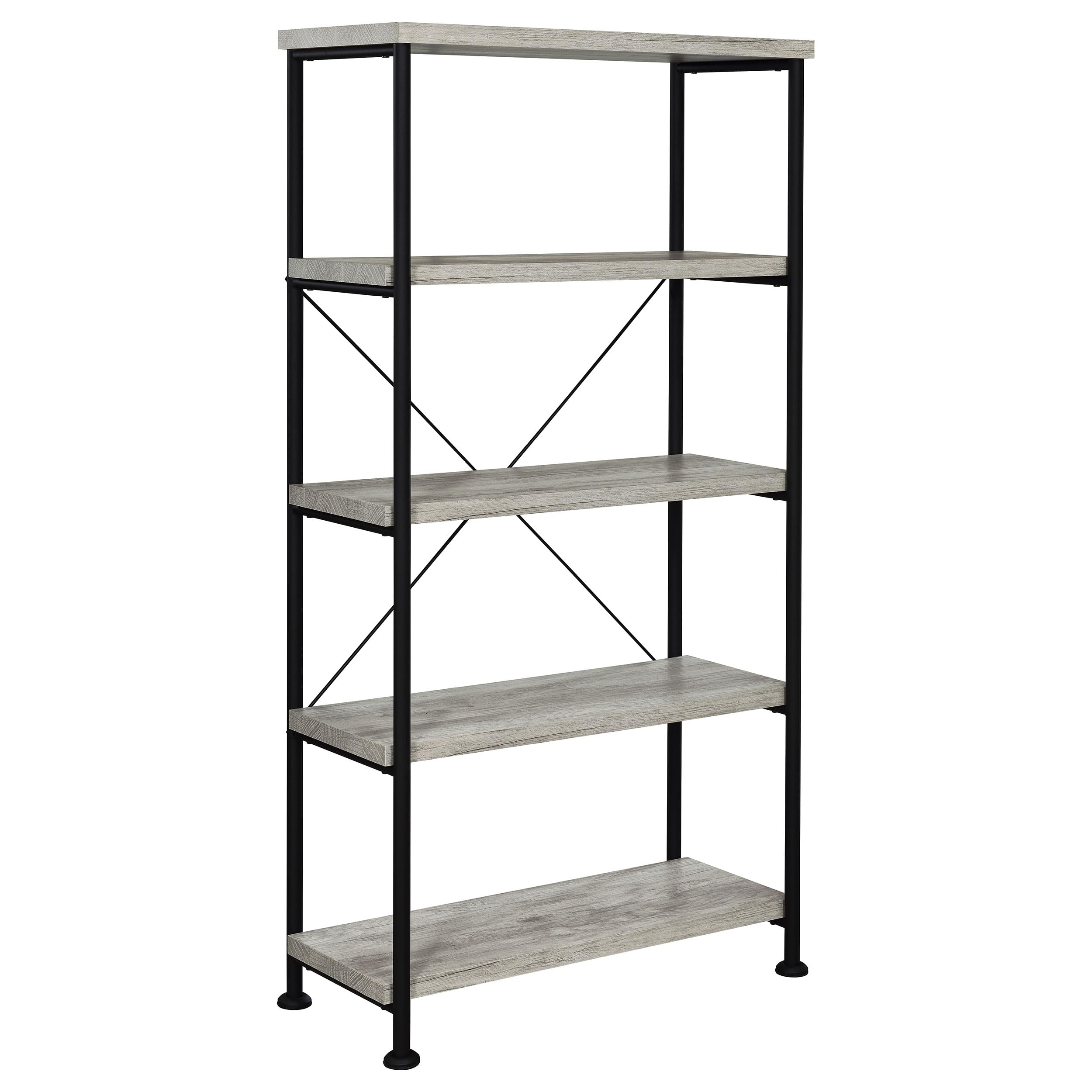 Coaster Home Furnishings Analiese Rustic Industrial 4-Tier Bookcase Etagere Bookshelf Office Storage Book Shelf Engineered Eco-Friendly Wood Look Laminate Sturdy Black Steel Base Grey Driftwood 801546