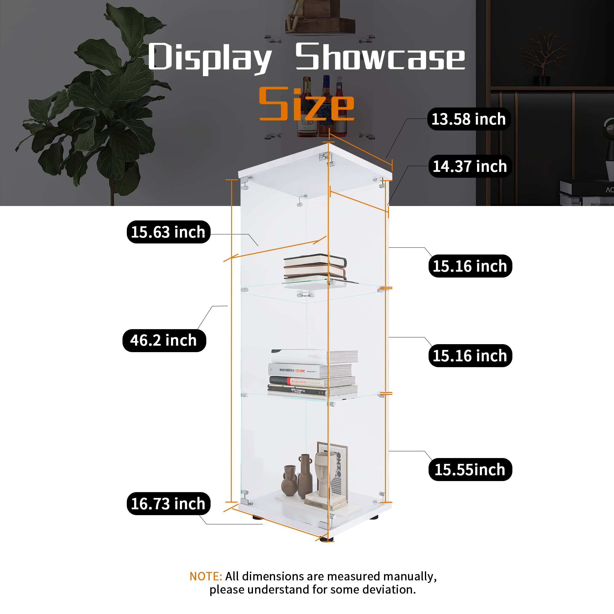 Beauty4U One-Door Glass Display Cabinet, White Curio Cabinets For Living Room, Bedroom, Office, Collection Display, Quick Installation In 30 Mins, 3 Shelves White Floor Standing Glass Bookshelf