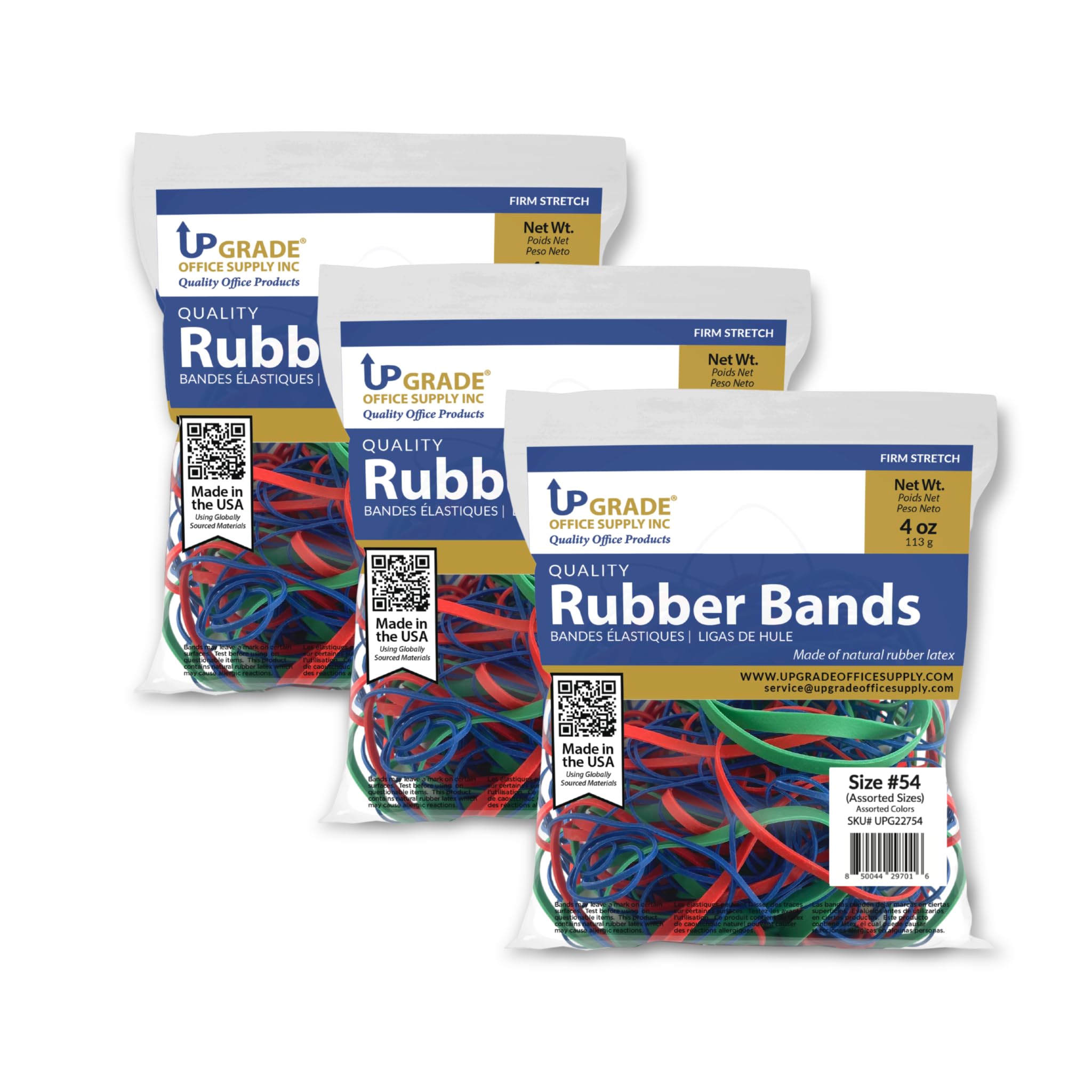 Upgrade Office Supply Upg22754Pk3 Rubber Bands, #54, Assorted Sizes & Colors (Red, Blue, Green), 1/4 Lb Bags, 3-Pack, Made In Us