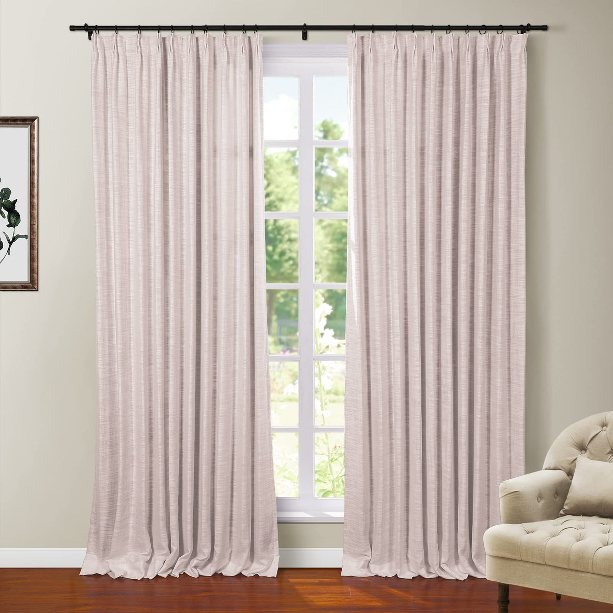 Twopages Polyester Linen Blackout Pink Drape Thermal Insulated Heavy Weight Curtain With Pinch Pleat And Back Tab For Guest Room