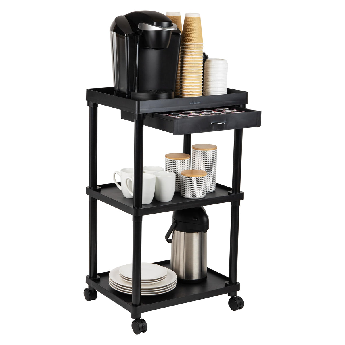 Mind Reader Bar Cart, Rolling, Utility Cart, 3-Tier, Coffee Cart, Bathroom, Kitchen, Plastic, 20''L x 15''W x 34.5''H, Black