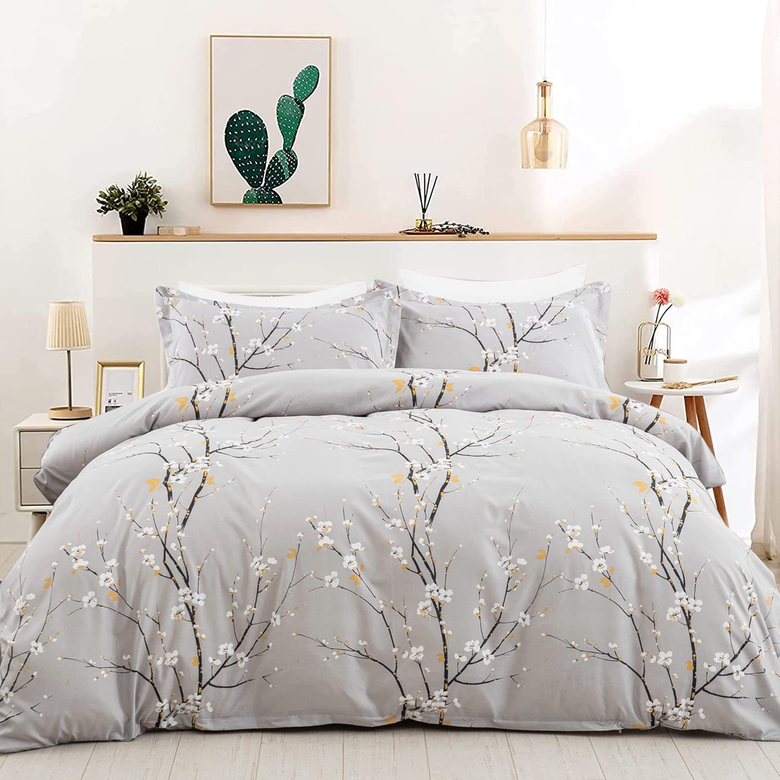 Wongs Bedding Grey Floral Duvet Cover Set King, Flower Plum Blossom Prnited Bedding Set With 2 Pillowcase,3 Pcs Soft Microfiber