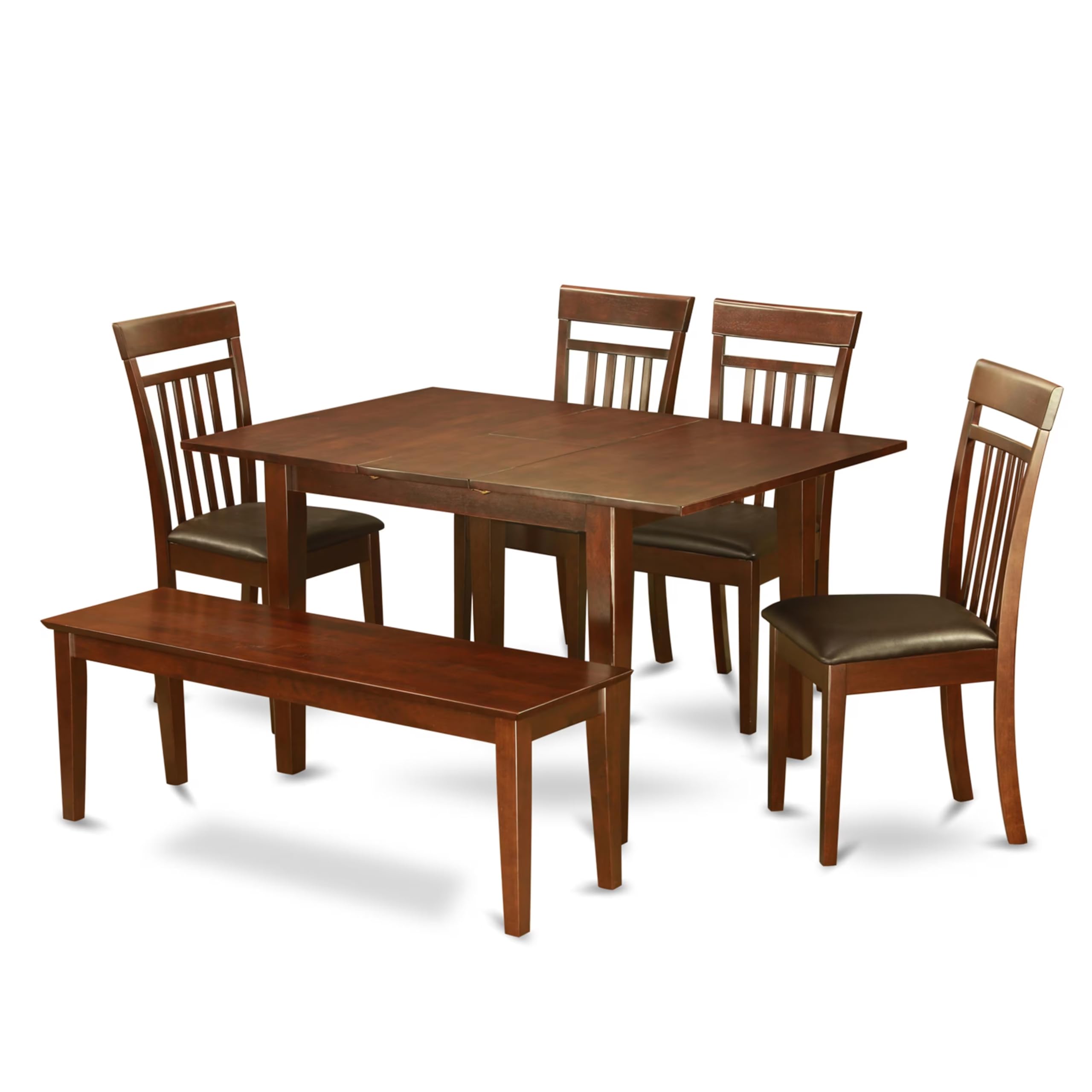 East West Furniture PSCA6C-MAH-LC 6 Piece Modern Dining Table Set Contains a Rectangle Wooden Table with Butterfly Leaf and 4 Faux Leather Dining Chairs with a Bench, 32x60 Inch, Mahogany