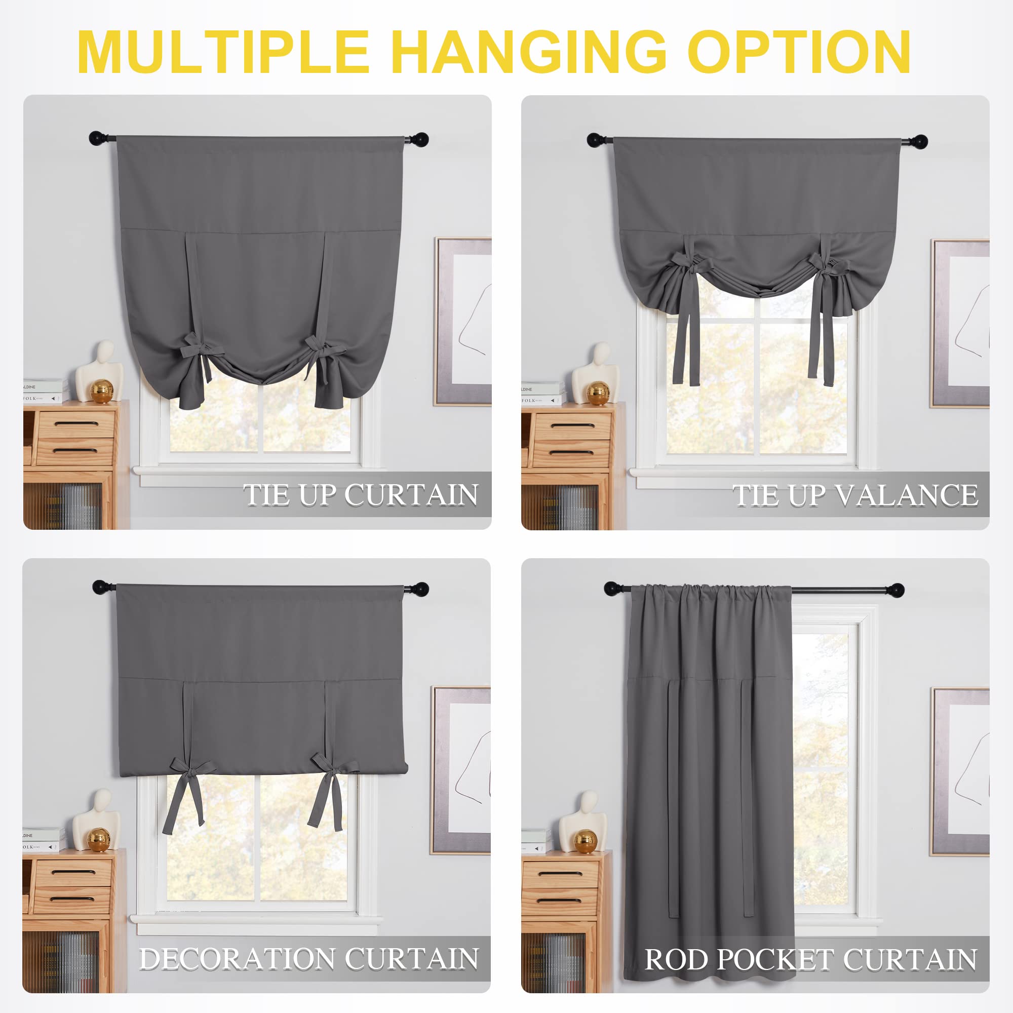 Nicetown Tie Up Curtain - Small Kitchen Curtains And Valances Set Blackout Adjustable Silver Rod Pocket Roman Shades For Window