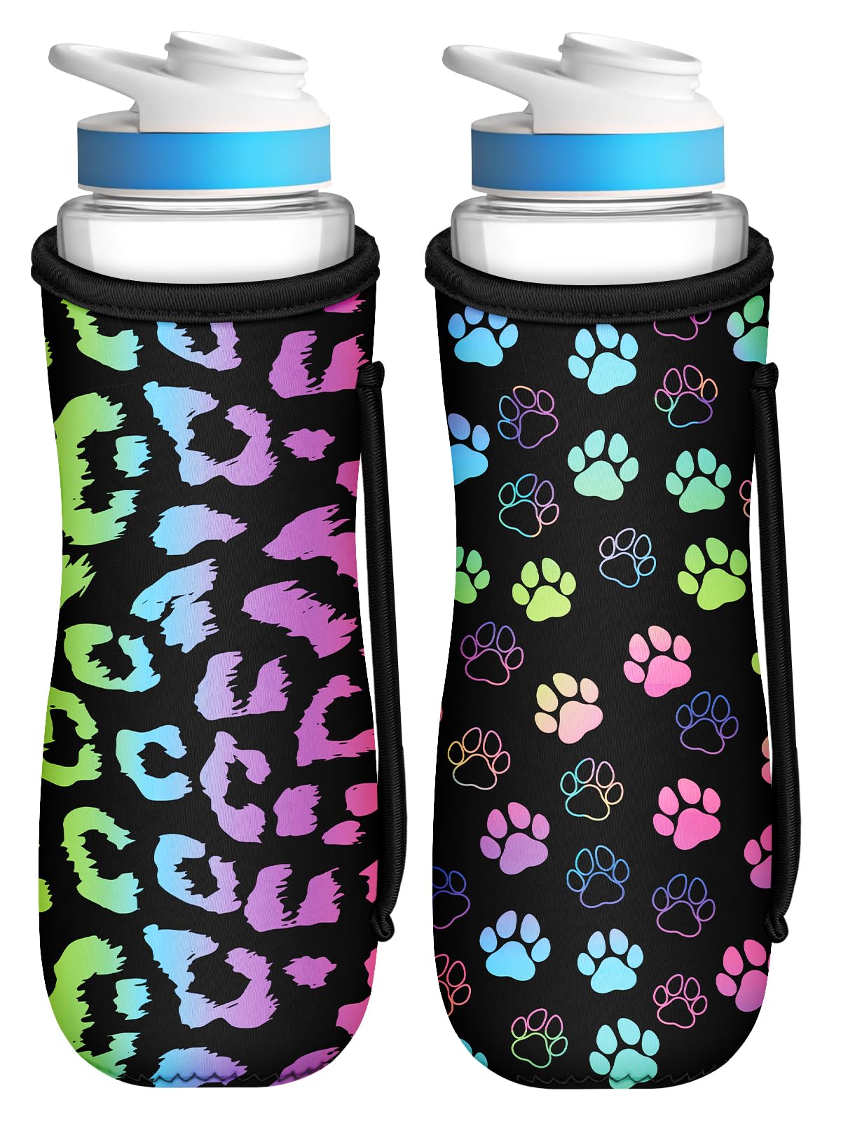 Toykee Water Bottle Sleeve For Cirkul 22 Oz - 2 Pack Bottles Cover Holder Carrier Bag With Side Handle Colorful Paw Leopard