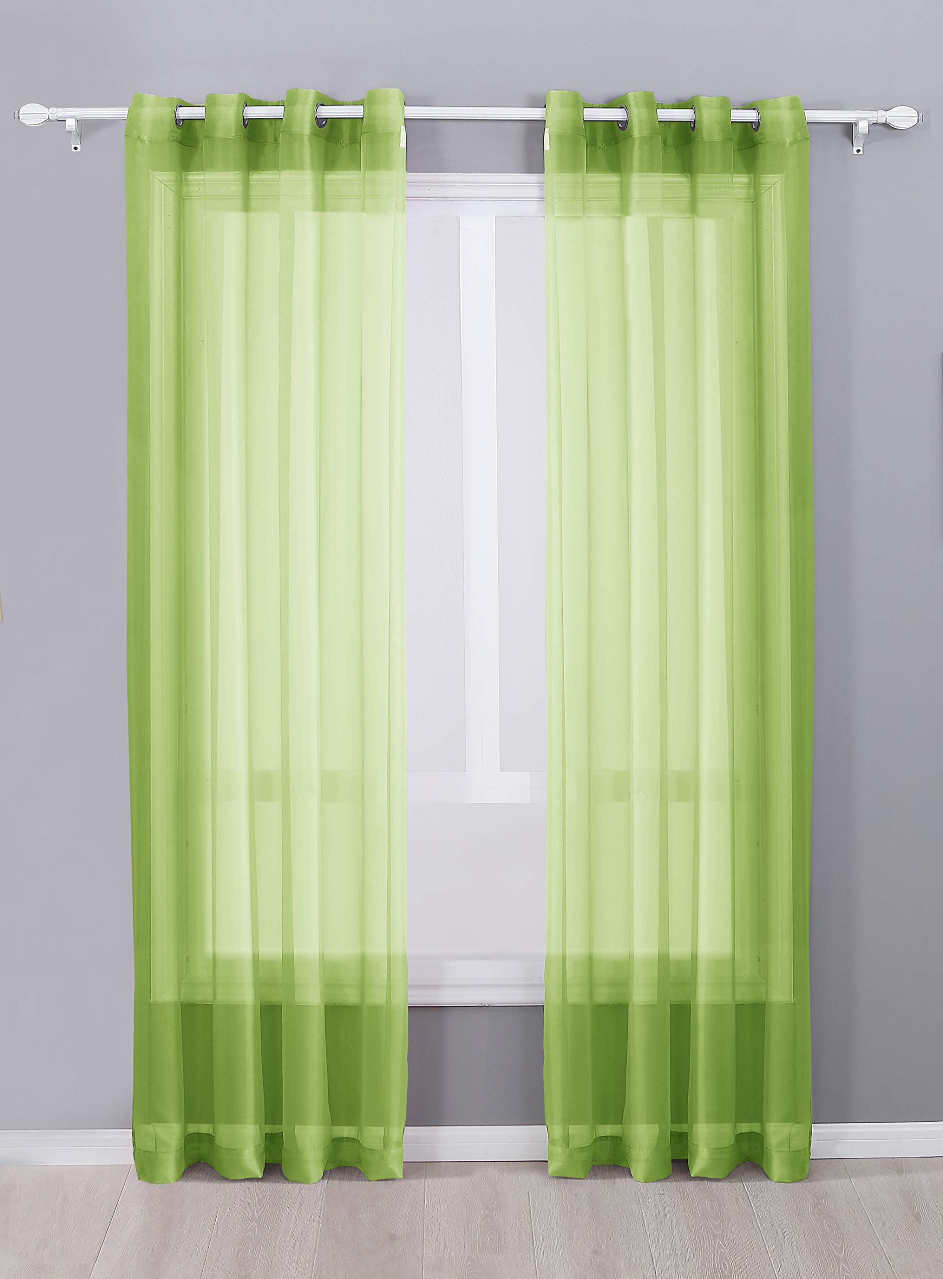 Decotex 2 Piece Sheer Voile Grommet Top Window Curtain Panel Drapes (54 X 95, Lime Green)