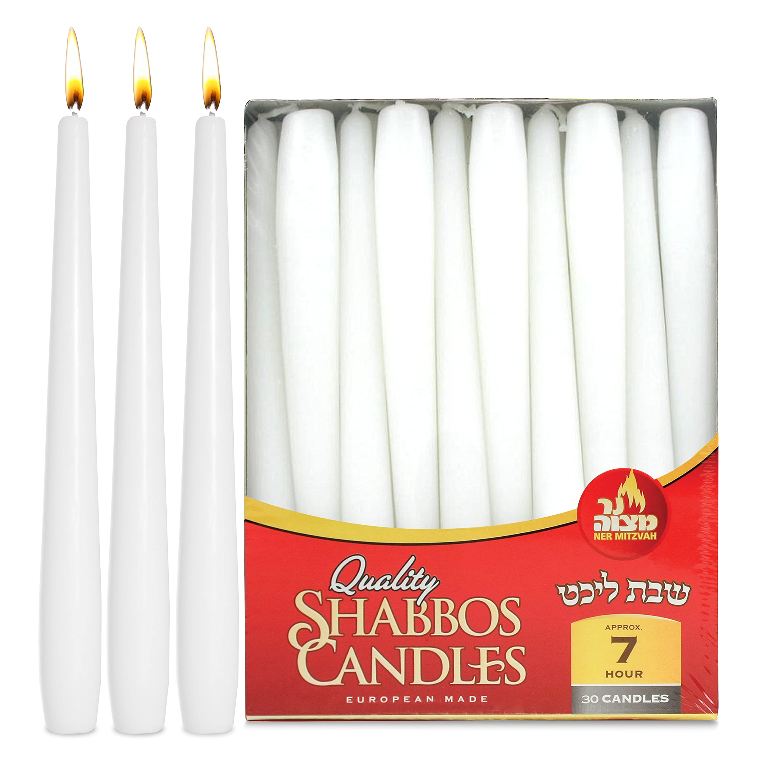 Ner Mitzvah Classic White Taper Candles - 8 Inch - 30 Bulk Pack - for Shabbat, Dinner Tables, Restaurants, Ceremonies and Emerge