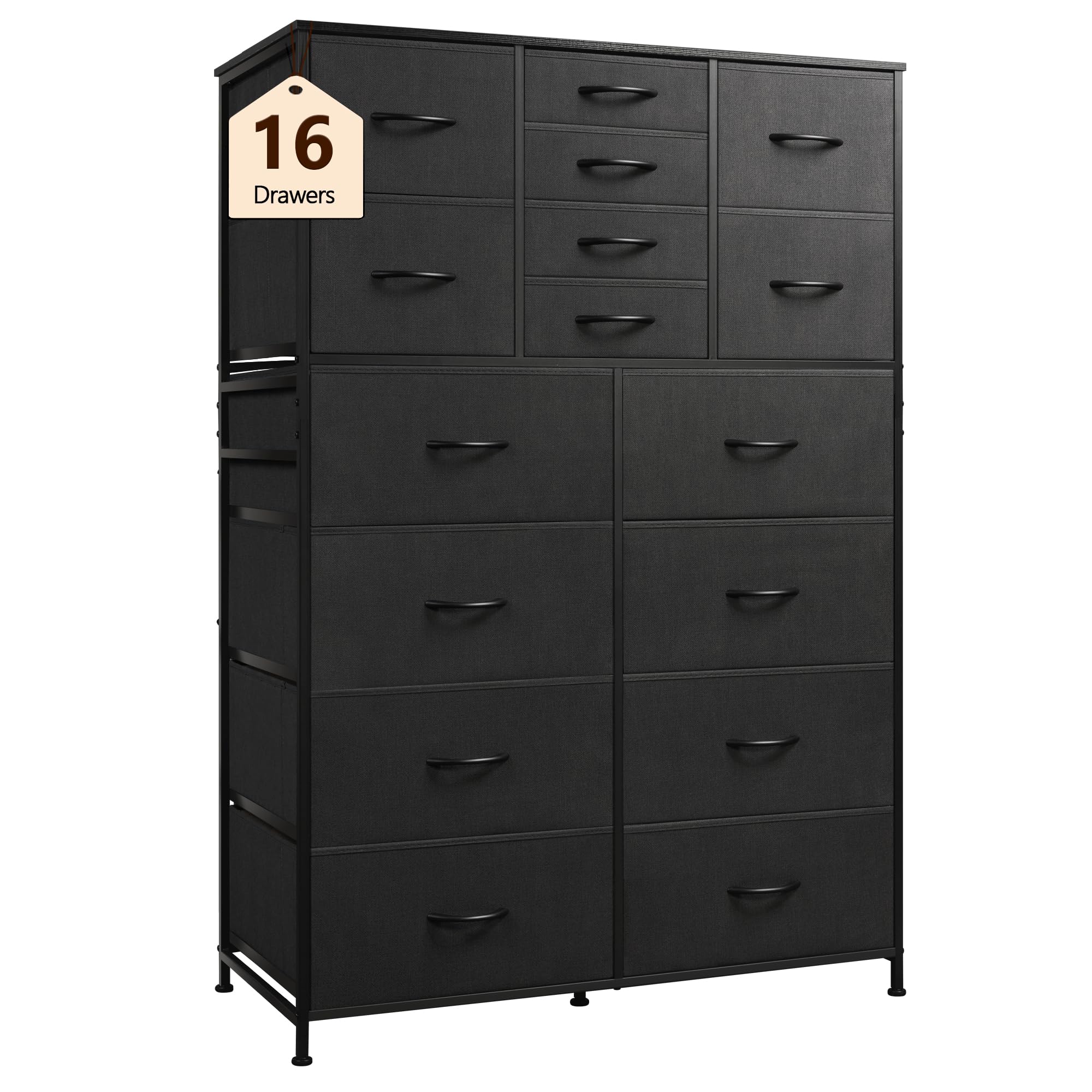 Wlive Tall Dresser For Bedroom, Fabric Dresser Storage Tower With 16 Drawers, Chest Of Drawers Organizer Unit, Storage Cabinet, Hallway, Closets, Steel Frame, Charcoal Black