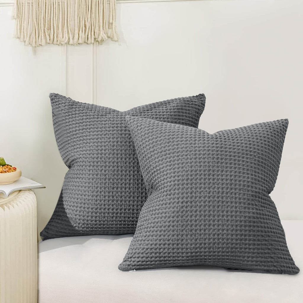 Phf 100% Cotton Waffle Weave Throw Pillow Cover, 24' X 24', No Insert, 2 Pack Square Pillowcases Shell, Elegant Home Decorative Throw Pillow Covers For Bed Couch Sofa, Charcoal Grey