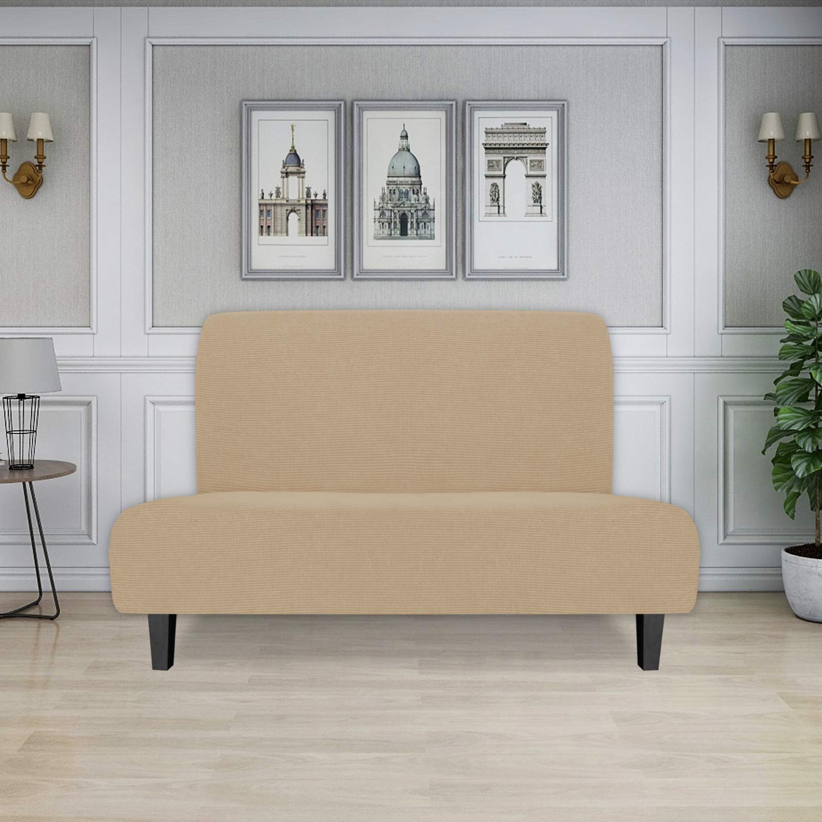 Easy-Going Stretch Futon Slipcover Armless Futon Bed Cover Furniture Protector Without Armrests With Elastic Bottom For Kids, Soft Jacquard Fabric Small Checks (Medium, Sand)