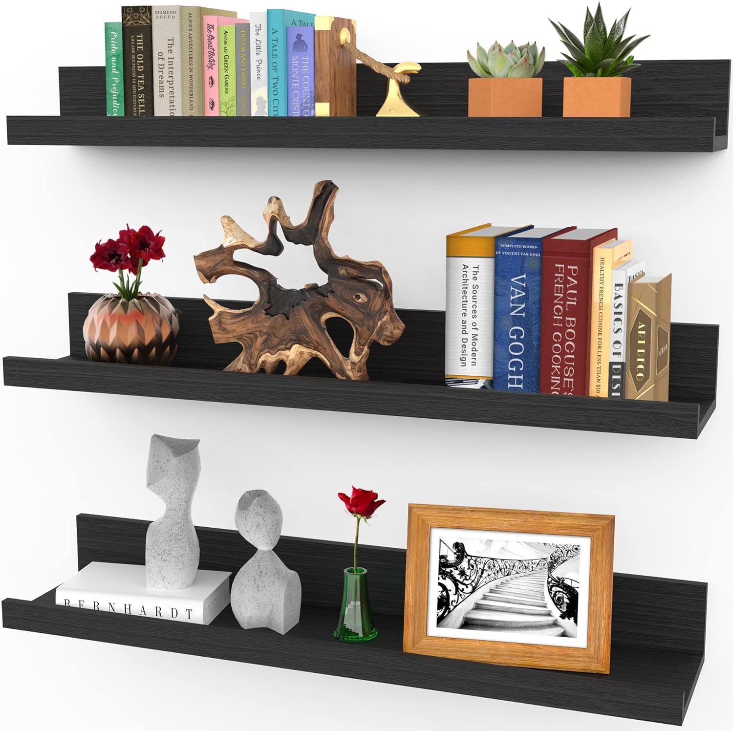 Icona Bay 24 Inch Floating Shelves for Wall, Set of 3 in Ebony Black, Modern Rustic Style, Wall Mounted Display Shelves, Picture