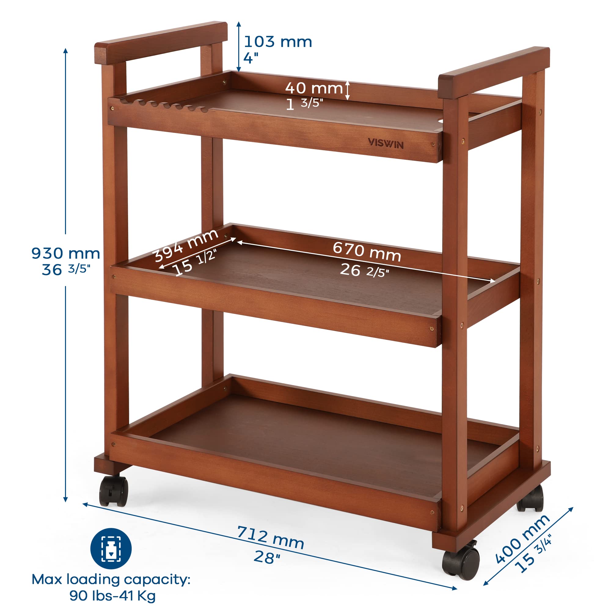 Viswin Solid Beechwood Art Cart Storage Organizer, 3-Tier Rolling Utility Studio Taboret With Casters, Multifunctional Storage Trolley Shelving Unit On Wheels For Art Studio Or Classroom - Walnut