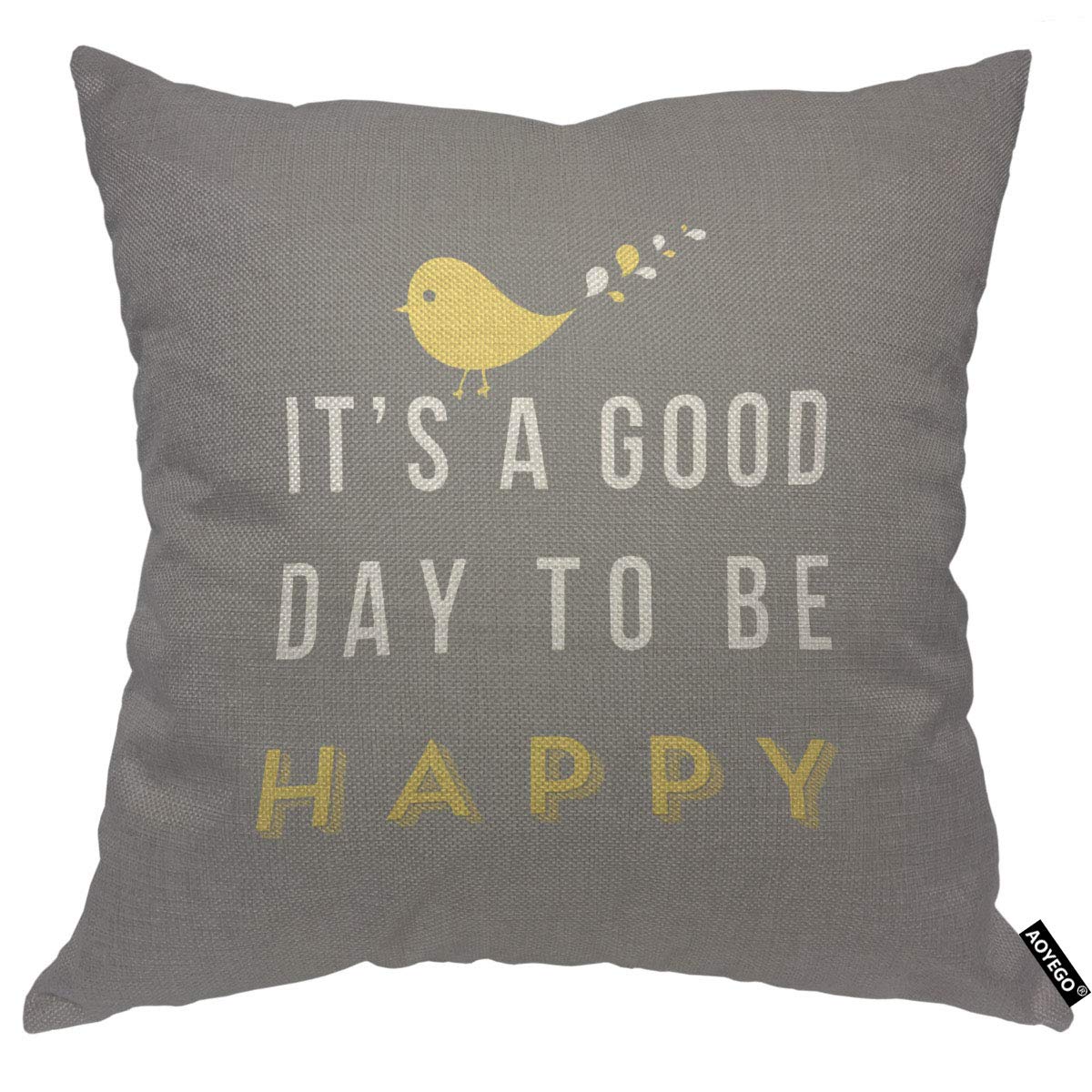 Aoyego It'S A Good Day To Be Happy Throw Pillow Cover Inspiration Quote Bird Words Saying Cartoon Calligraphy Pillow Case 18X18