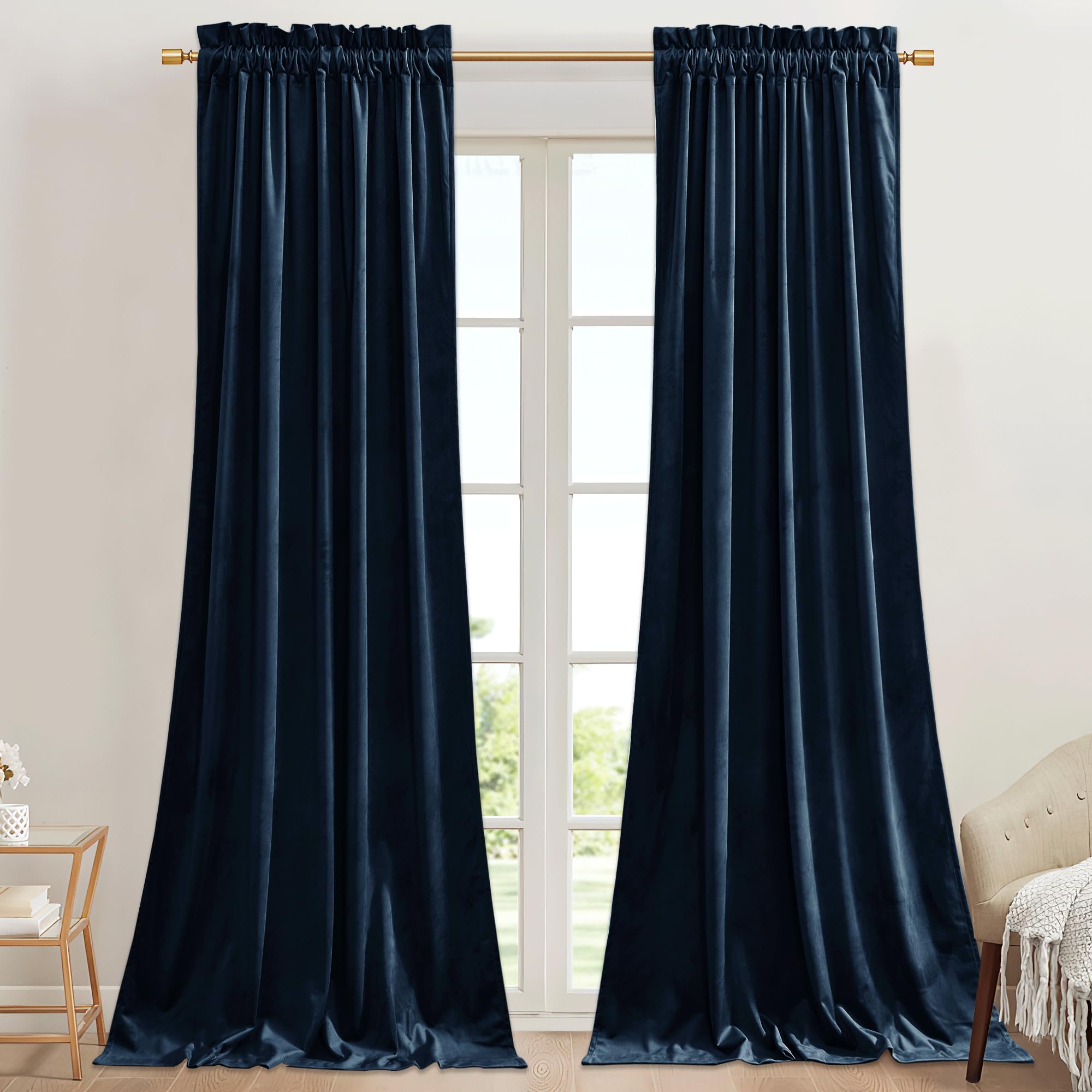 Stangh Rod Pocket Velvet Curtains 90 Inches Long Navy Blue Blackout Thermal Insulated Window Treatment Heavy Thick Privacy Home