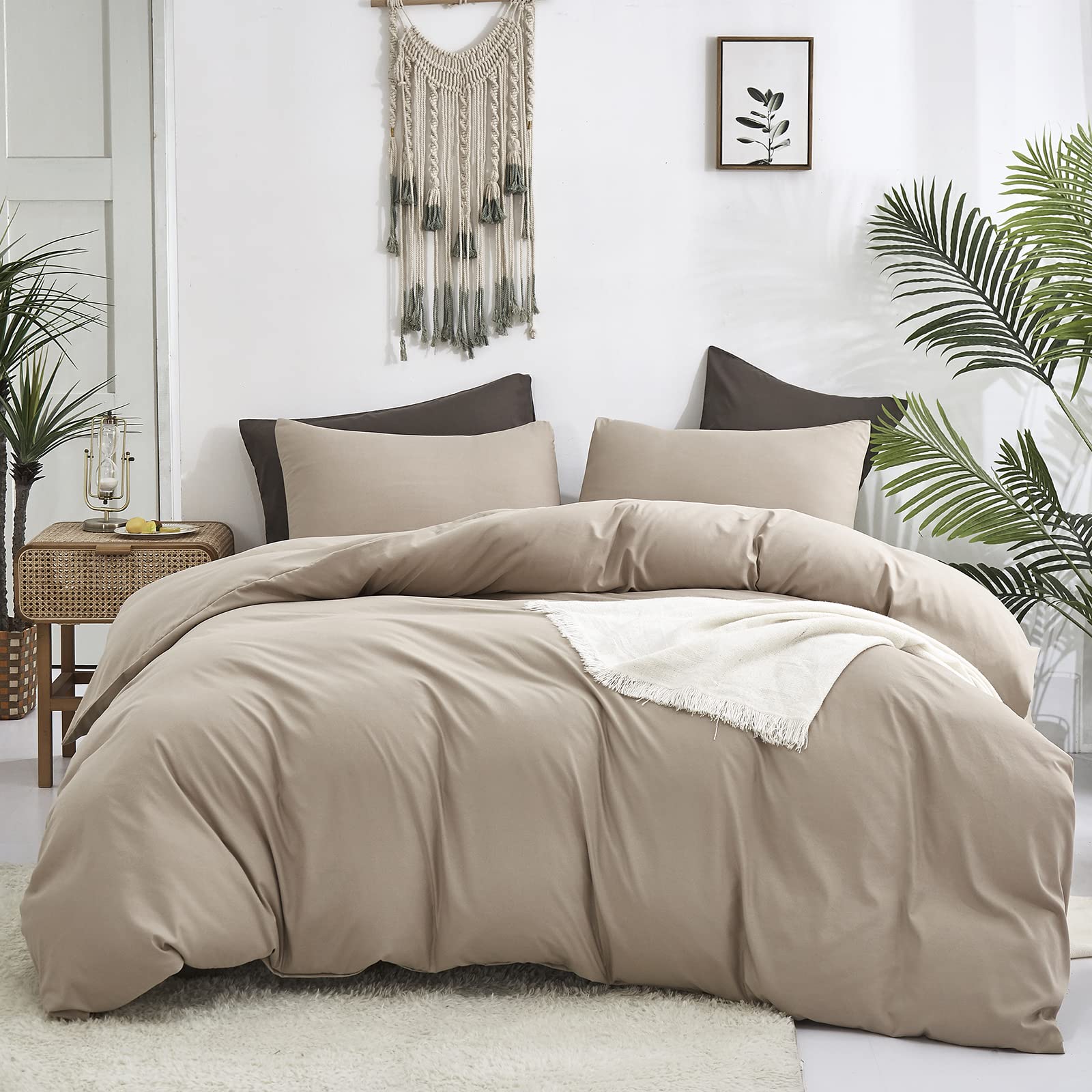 Cottonight Cream Coffee Comforter Set Full Khaki Bedding Comforter Set Dark Champagne Solid Blanket Quilts Modern Soft Breathabl