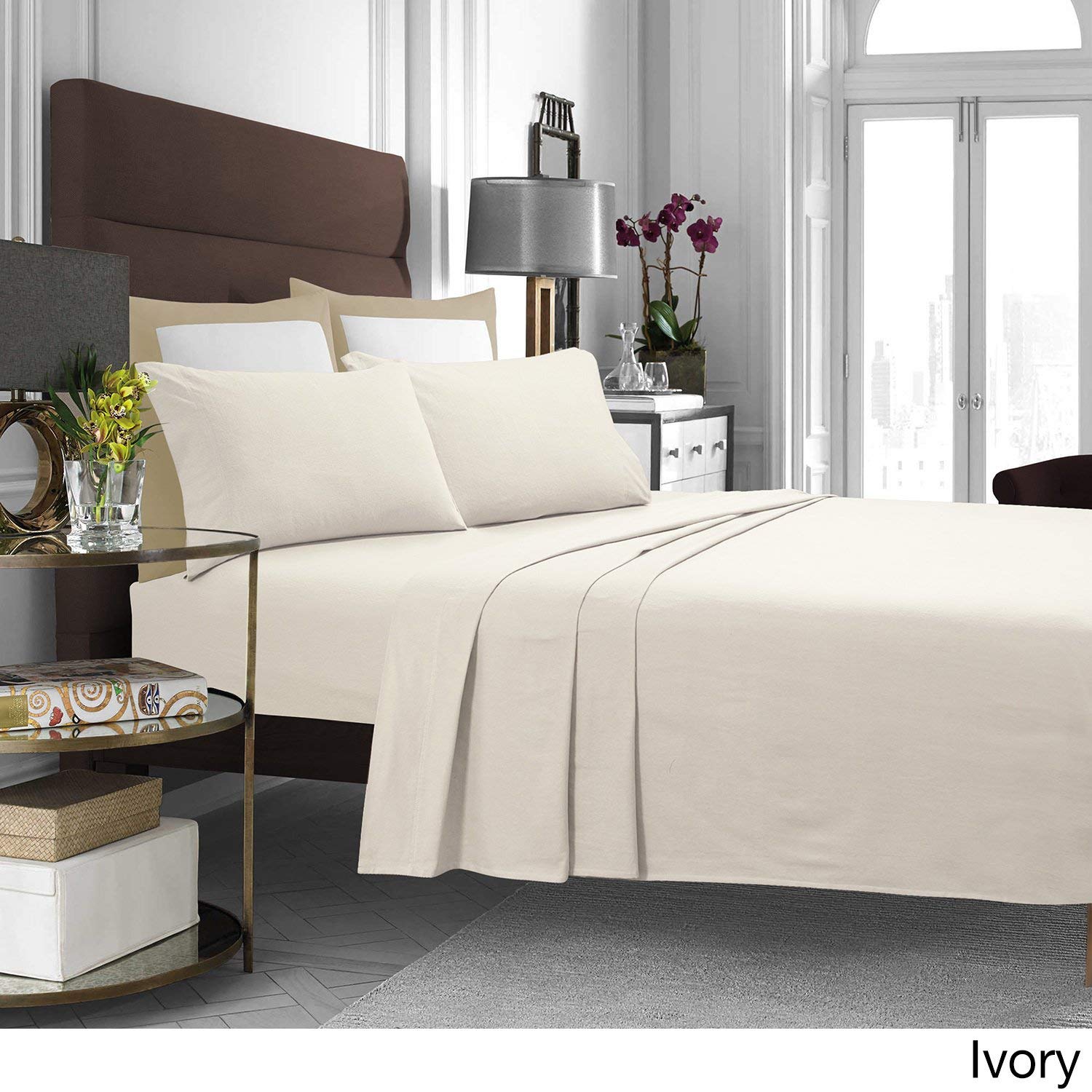 Tribeca Living Solfl170Ssquiv Solid 5-Ounce Flannel Extra Deep Pocket Ivory, Queen Sheet Set