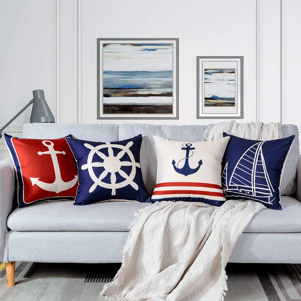 Jotom Nautical Anchors Throw Pillow Covers 16X16 Inches Set Of 4 Sailboat Cushion Cover Square Pillowcase Outdoor For Sofa Couch