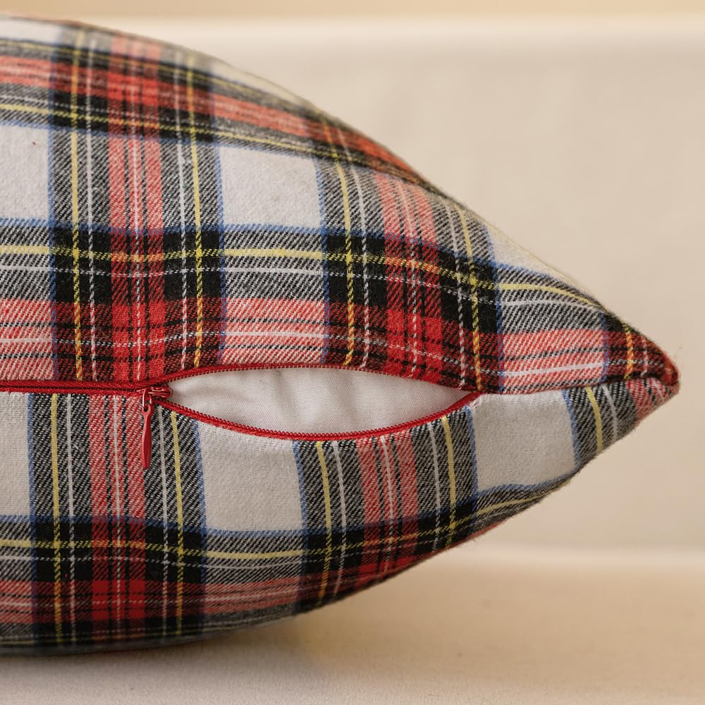 Miulee Christmas Set Of 2 Scottish Tartan Plaid Throw Pillow Covers Farmhouse Classic Decorative Square Cushion Cases For Home Decor Sofa Couch 18X18 Inch, Red And White